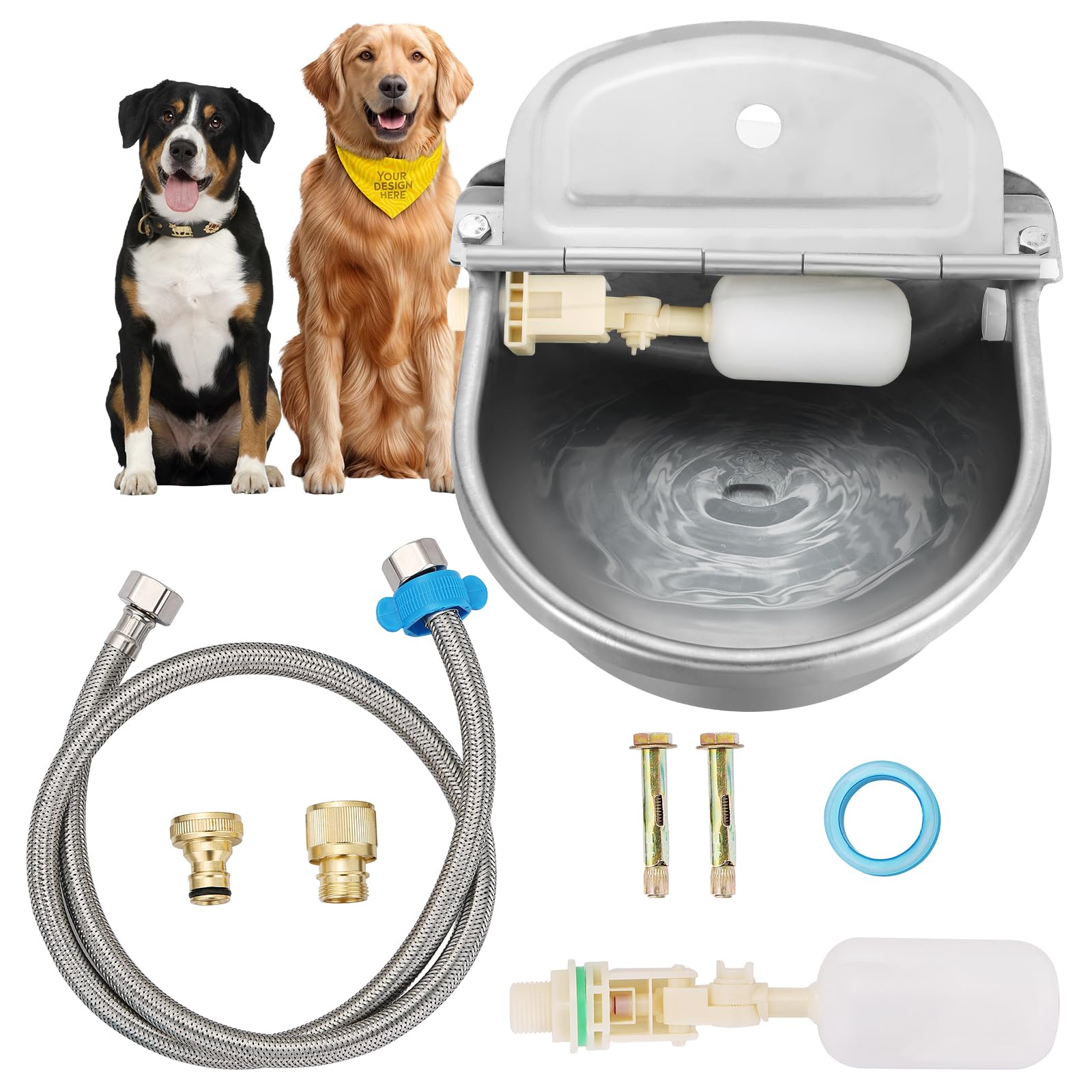 Cuenco automático de agua potable para animales, de acero inoxidable 304 con válvulas flotantes, manguera de tubo de 39 pulgadas, adaptador de 1/2 a 3/4 pulgadas, canal de agua para perro
