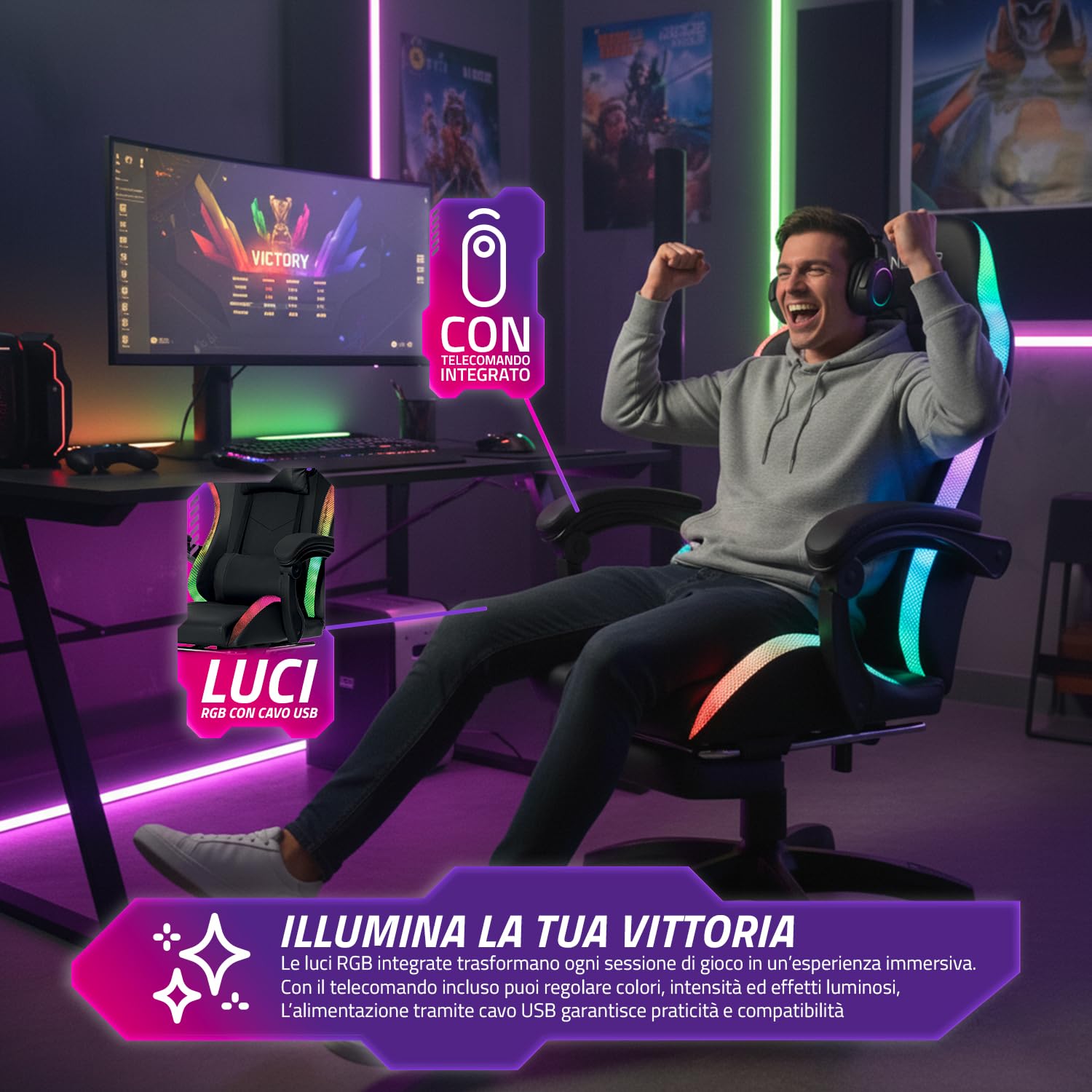 Wintem – – Sedia Gaming con Poggiapiedi Estraibile, Doppio Cuscino e Luci LED RGB USB per Comfort Totale e Design Futuristico Ideale per Gioco, Studio e Ufficio