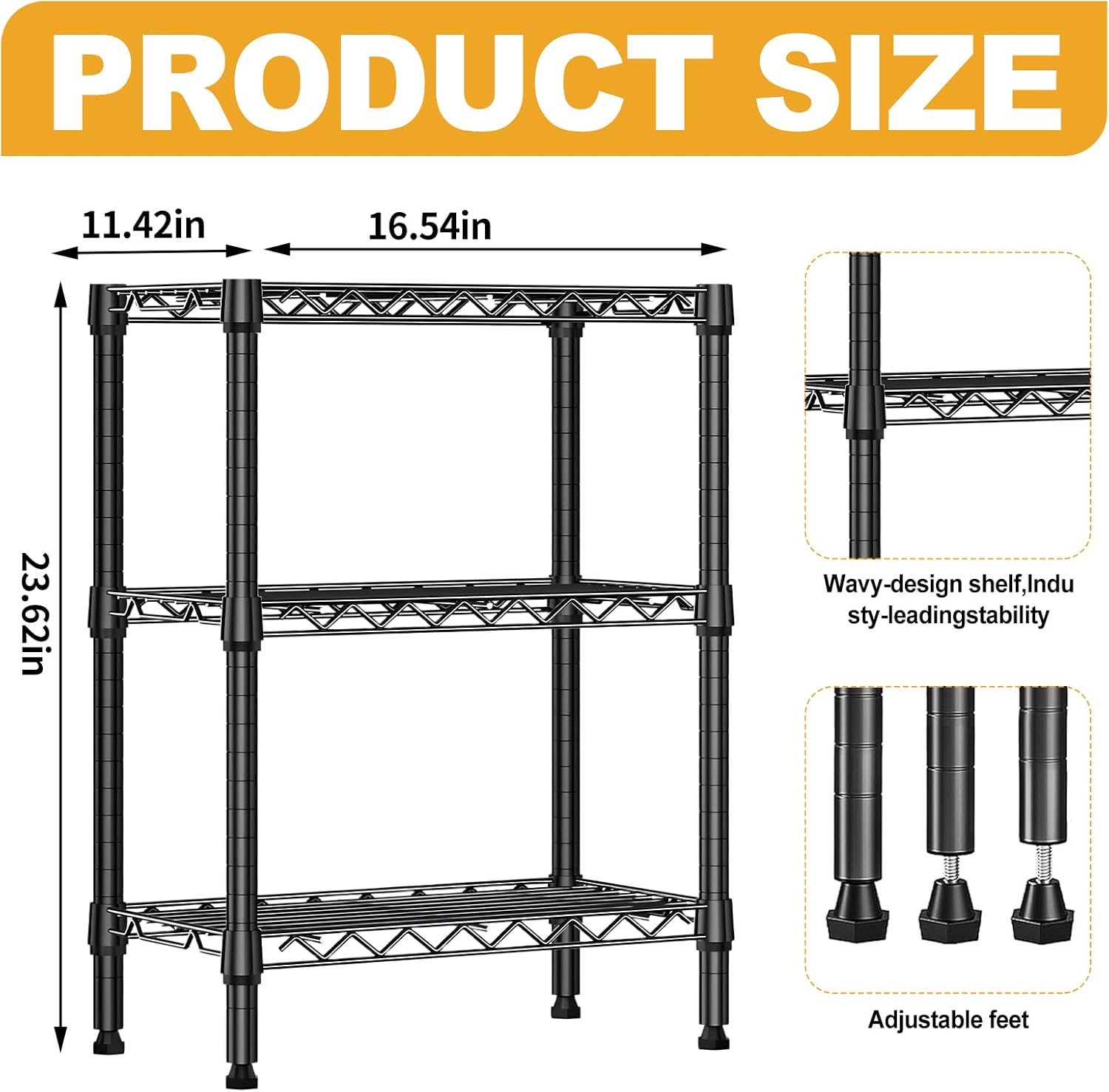 Heavy Duty Stainless Steel Kitchen Storage Rack, Adjustable Shelf Organizer with Non-Slip Mats, Black, for Cabinets, Countertops, Pantries (3-Tier Rack)