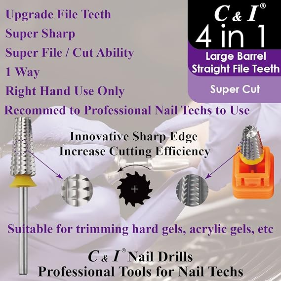 C & I Nail Drill Bit 4 in 1 Super Cut E-File, Multi-Function Plus Upgrade File-Teeth, Large Barrel & Straight Cut, for Manicure Drill Machine, Help Nail Tech to Remove Nail Works (Double Coarse-XXC)