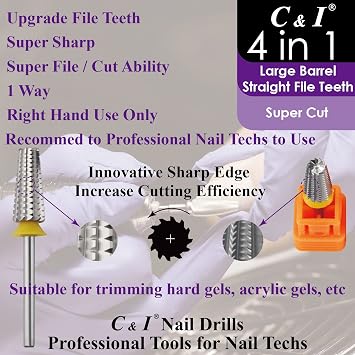 C & I Nail Drill Bit 4 in 1 Super Cut E-File, Multi-Function Plus Upgrade File-Teeth, Large Barrel & Straight Cut, for Manicure Drill Machine, Help Nail Tech to Remove Nail Works (Double Coarse-XXC)