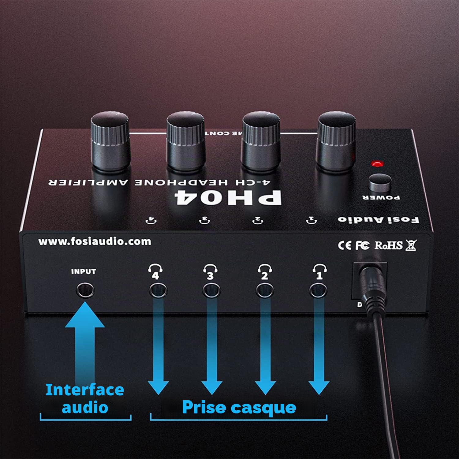 Fosi Audio PH04 Amplificateur de Casque stéréo 4 canaux avec Adaptateur d'alimentation 12 V 1,5 A Ultra-Compact pour Studio et scène