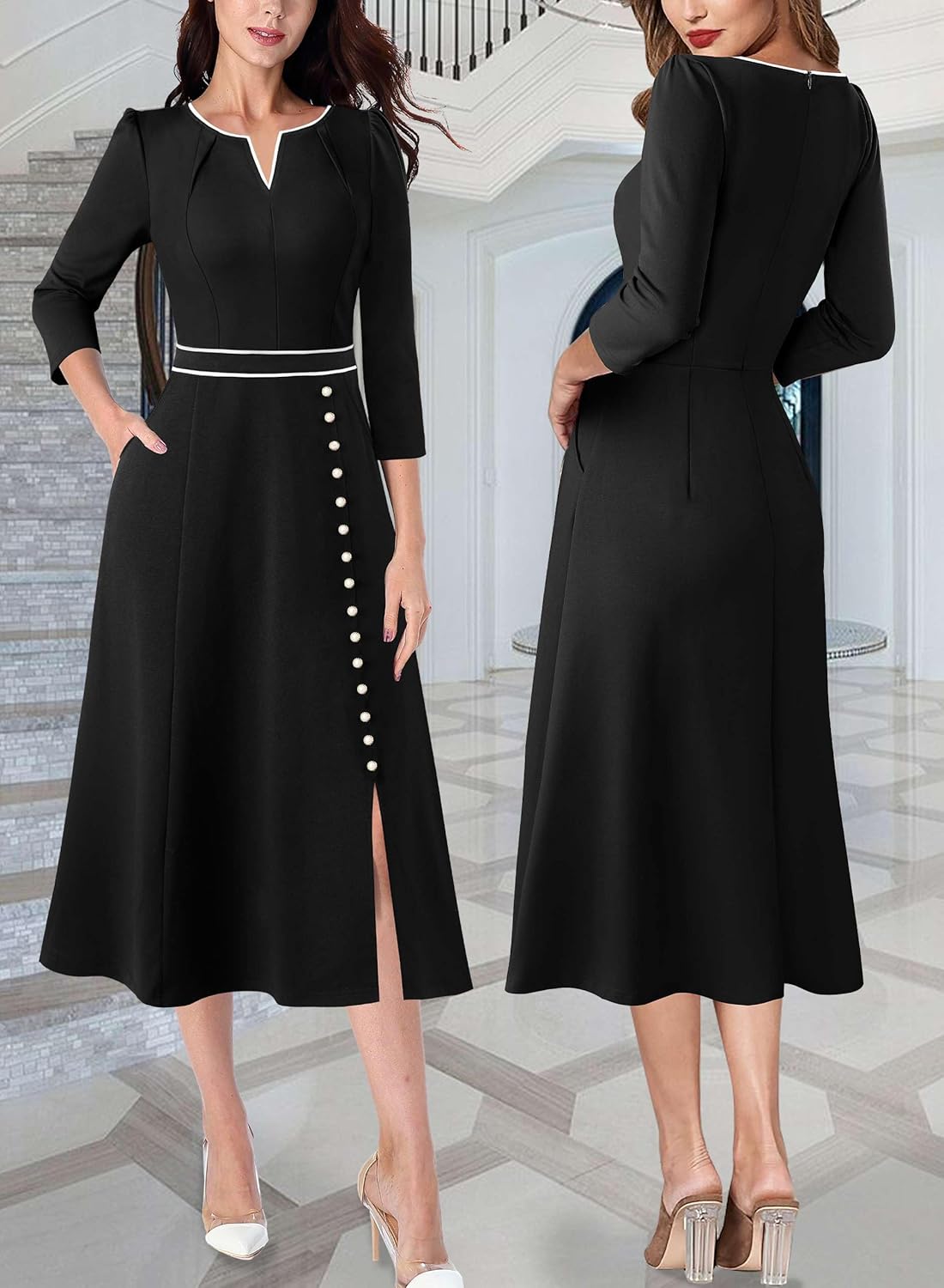 VFSHOW Womens Pleated Notch V Neck Front Slit Buttons Pockets Office Business Work Slim A-line Fit and Flare Midi Dress - Image 2