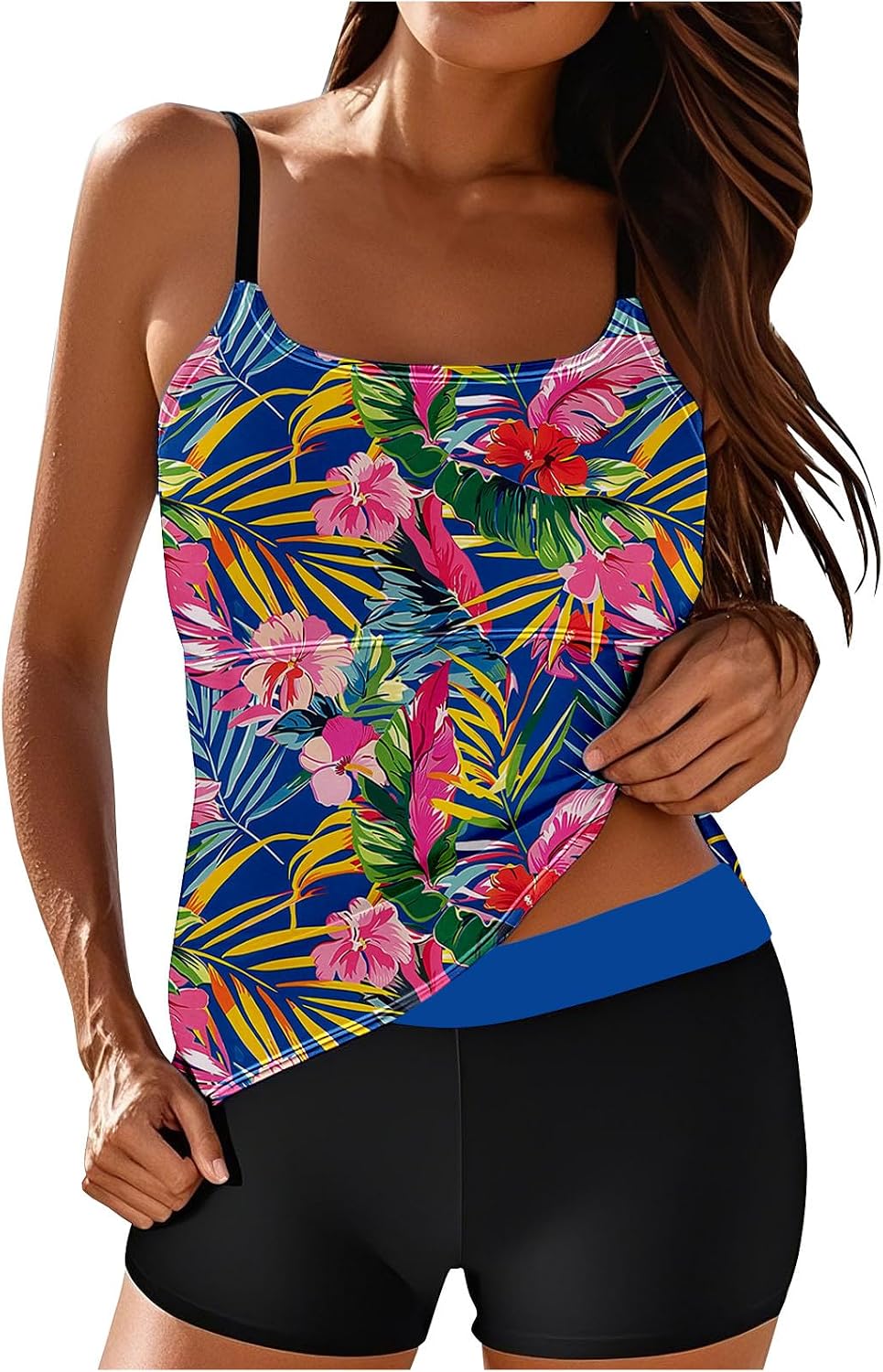 Tankini Swimsuits for Women 2 Piece Tummy Control Bathing Suits Floral Printed Summer Hawaiian Swimwear with Shorts