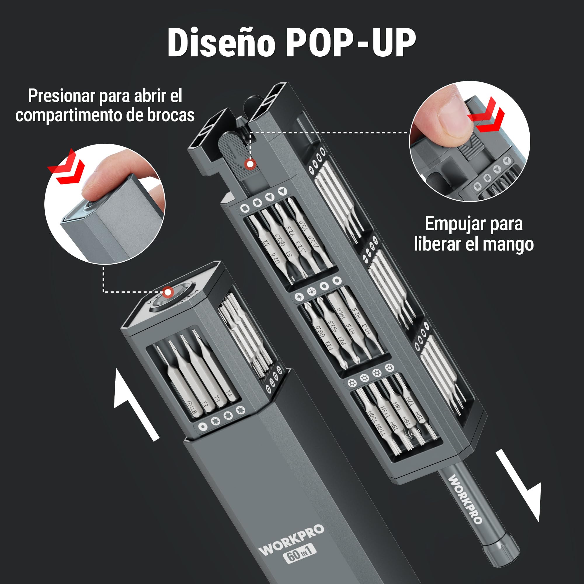 WORKPRO Destornilladores Precisión 60 en 1, Puntas Magnéticas CR-V | Estuche Compacto de Aluminio con Mango Giratorio para Reparar Electrónica, Gafas, Relojes y Móviles