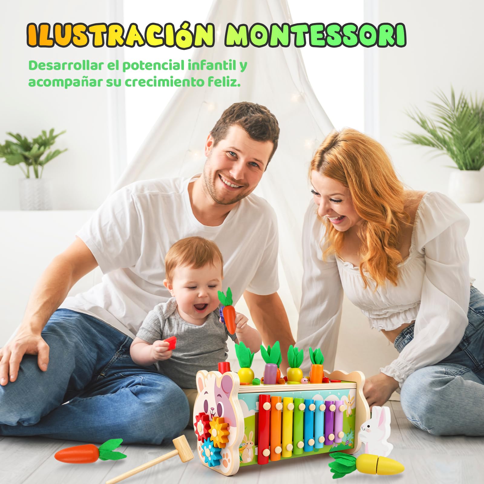 BuzzoXerex Juguetes Montessori 1 Años, 9 en 1 Juguetes Madera con Juguete de Martillo, Xilofono, Juego de Pesca y Laberinto Numérico, Interactivo Educativos Regalo Niño 1 2 3 4 Años