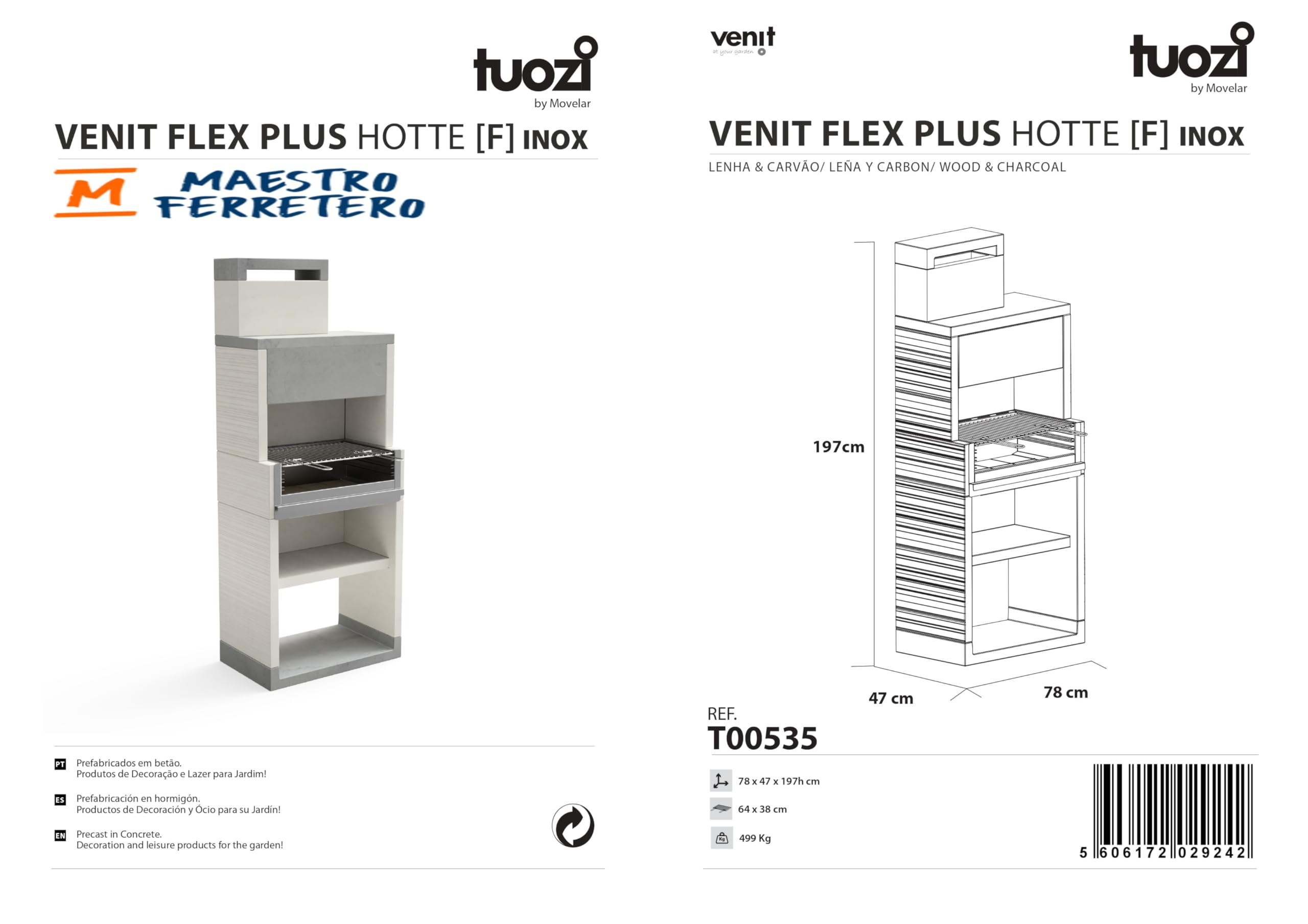 TUOZI - Barbecue fixe inox pour bois et charbon modèle VENIT FLEX PLUS HOTTE [F] (Gris/Blanc - 78 x 47 x 197 cm) REF: T00535 - Résistant aux intempéries