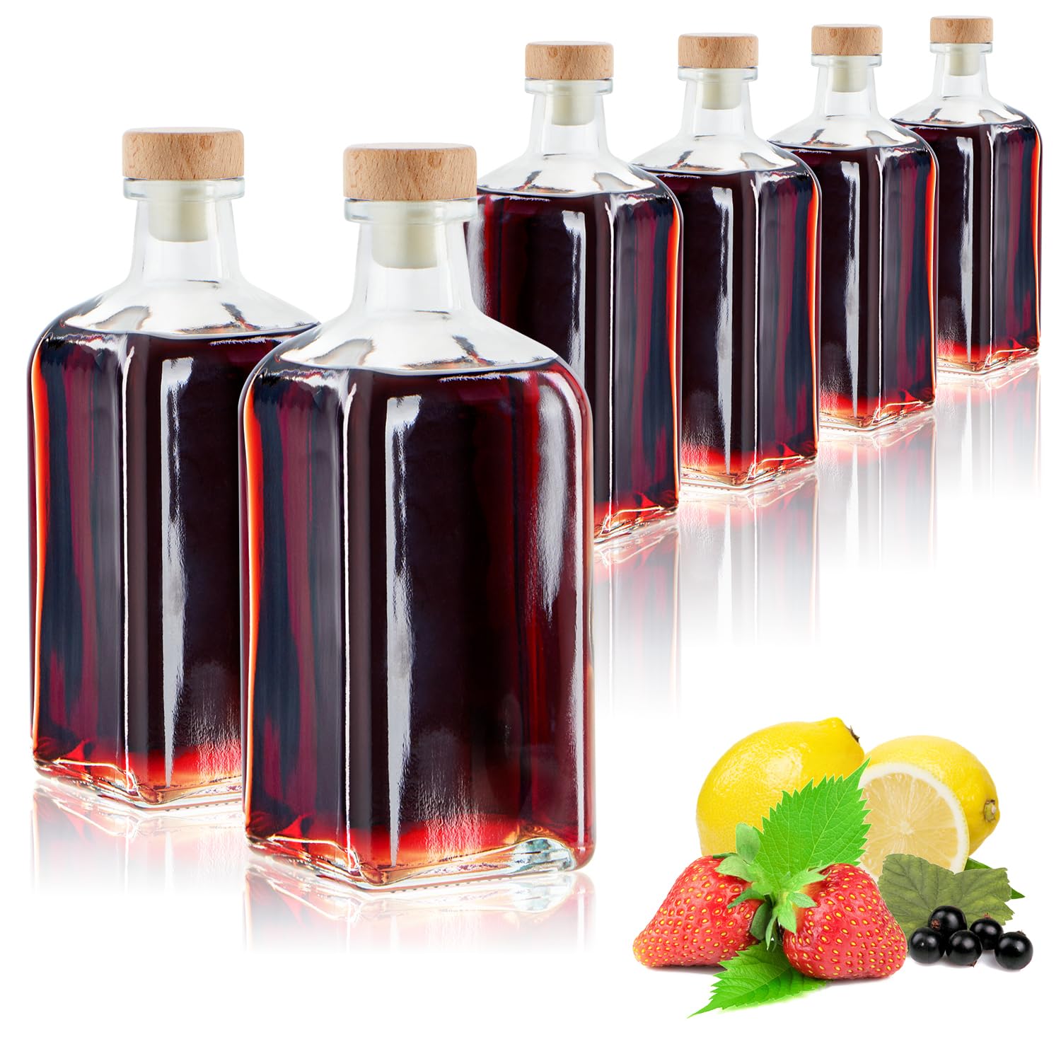 com-four® 6x glass bottles 500 ml with corks - empty bottles with cork stoppers - glass containers for filling with liquids such as oil, vinegar and spirits (square - 500ml)