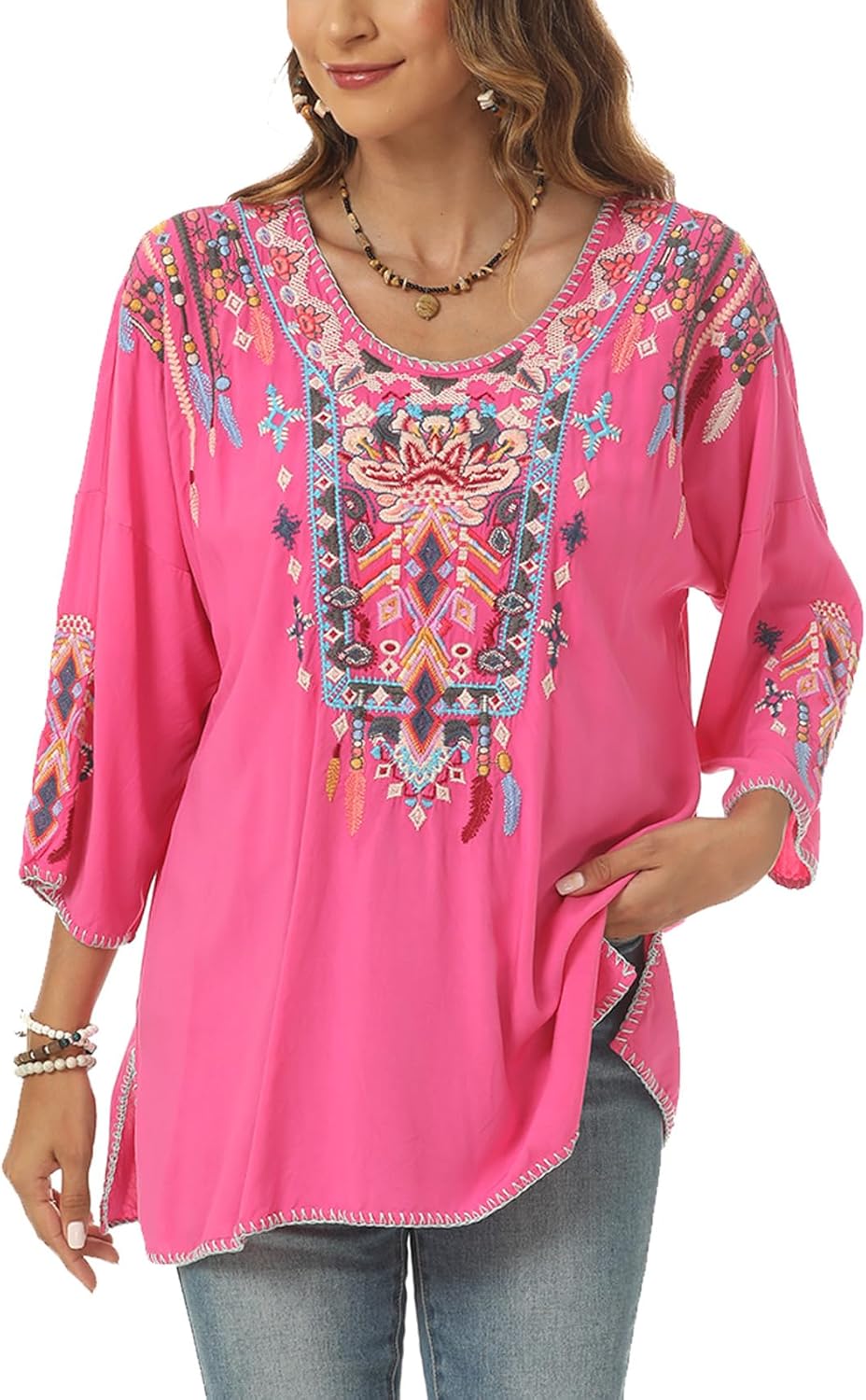 Higustar Mexican Embroidered Tops for Women Traditional Boho Tunics Bohemian Shirts Plus Size Peasant Clothes Blouses - Image 3