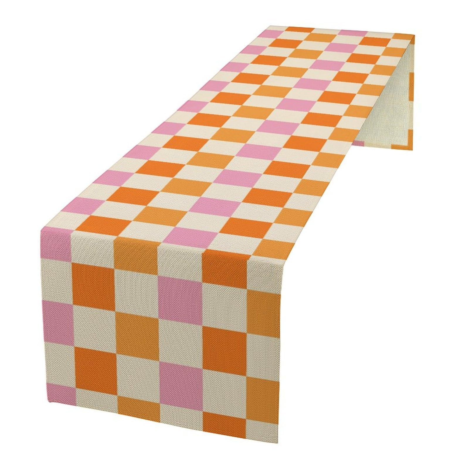 Hippie Table Runner Vintage Geometric Square Grid Yellow Orange Pink 1960s 1970s Retro Country Farmhouse Dinner Runner for Living Room Kitchen Party