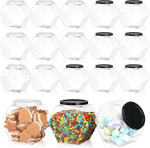 Dandat 18 tarros de plástico con forma hexagonal para galletas con tapa de 28 onzas, tarro transparente de boca ancha para galletas, dulces,