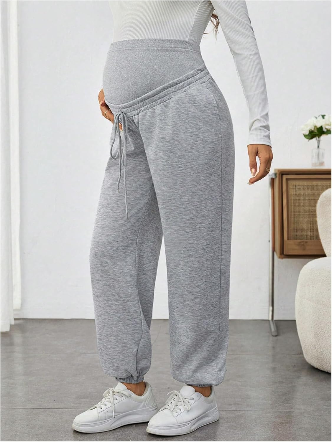 OYOANGLE Women's Maternity Pants Over The Belly Drawstring Pregnancy Jogger Sweatpants - Image 2