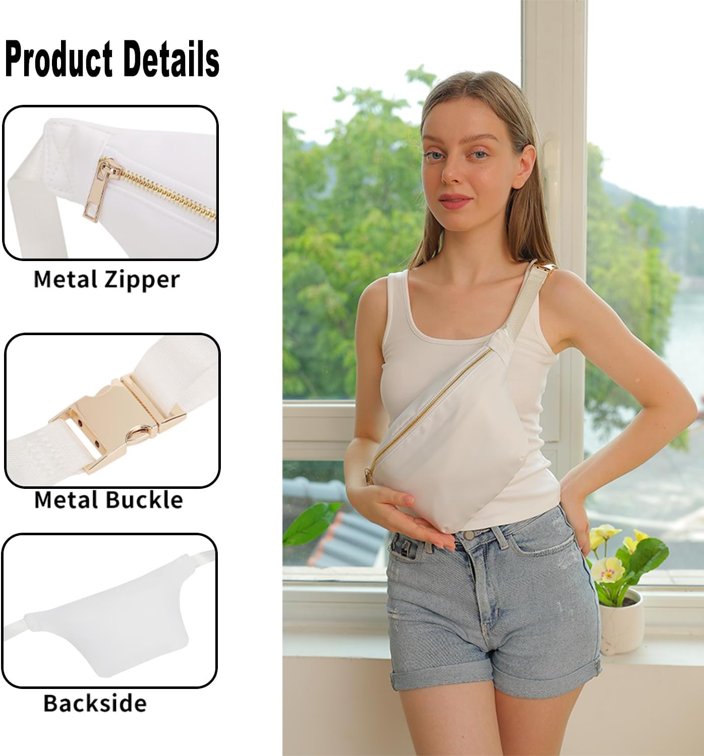 Fanny Pack Travel Waist Belt Nylon Crossbody Bag for Women (White) - Image 6