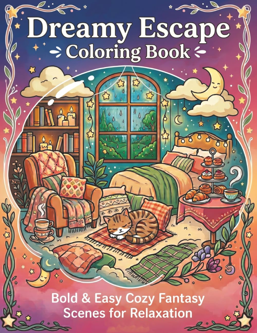 Dreamy Escape Coloring Book: Bold & Easy Cozy Fantasy Scenes for Relaxation , Cute Spaces to Color and Relax, Stress Relief Coloring page with Magical Cozy Escapes