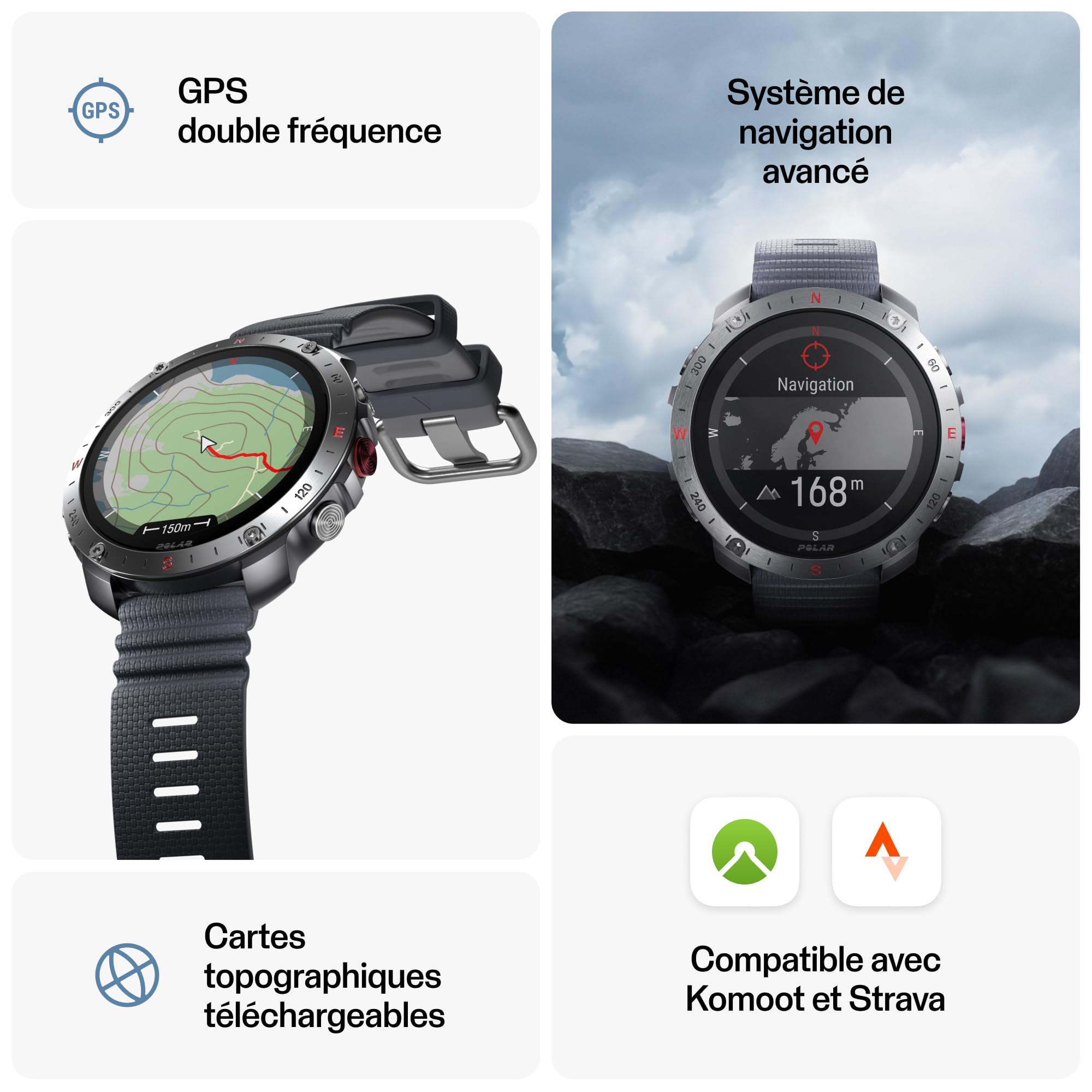Polar Grit X2 Pro Montre GPS pour Randonnée Trail Bracelet Cuir Navigation avancée Suivi paramètres biologiques FC