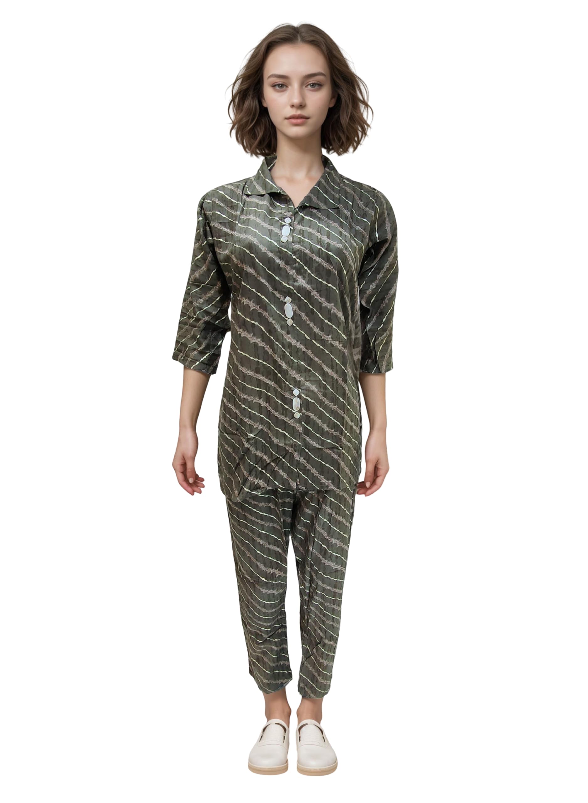 TRENDIFY TRIMBLE Womens Cord Set Leheriya Print | Cotton Silk in Mehandi Colour