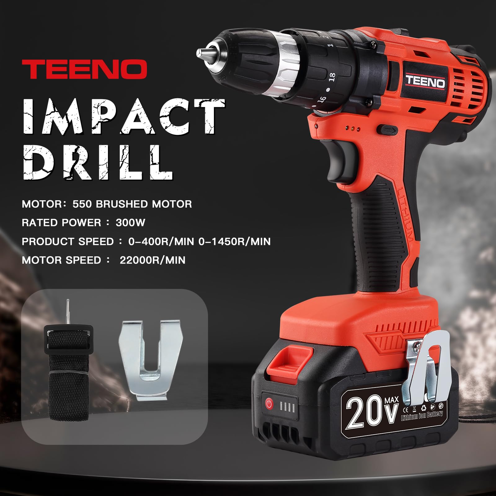 Kit utensili TEENO da 3 pezzi (avvitatore a impatto a batteria senza spazzole + trapano a percussione + smerigliatrice angolare senza spazzole), Batterie da 20 V e 3 Ah*2