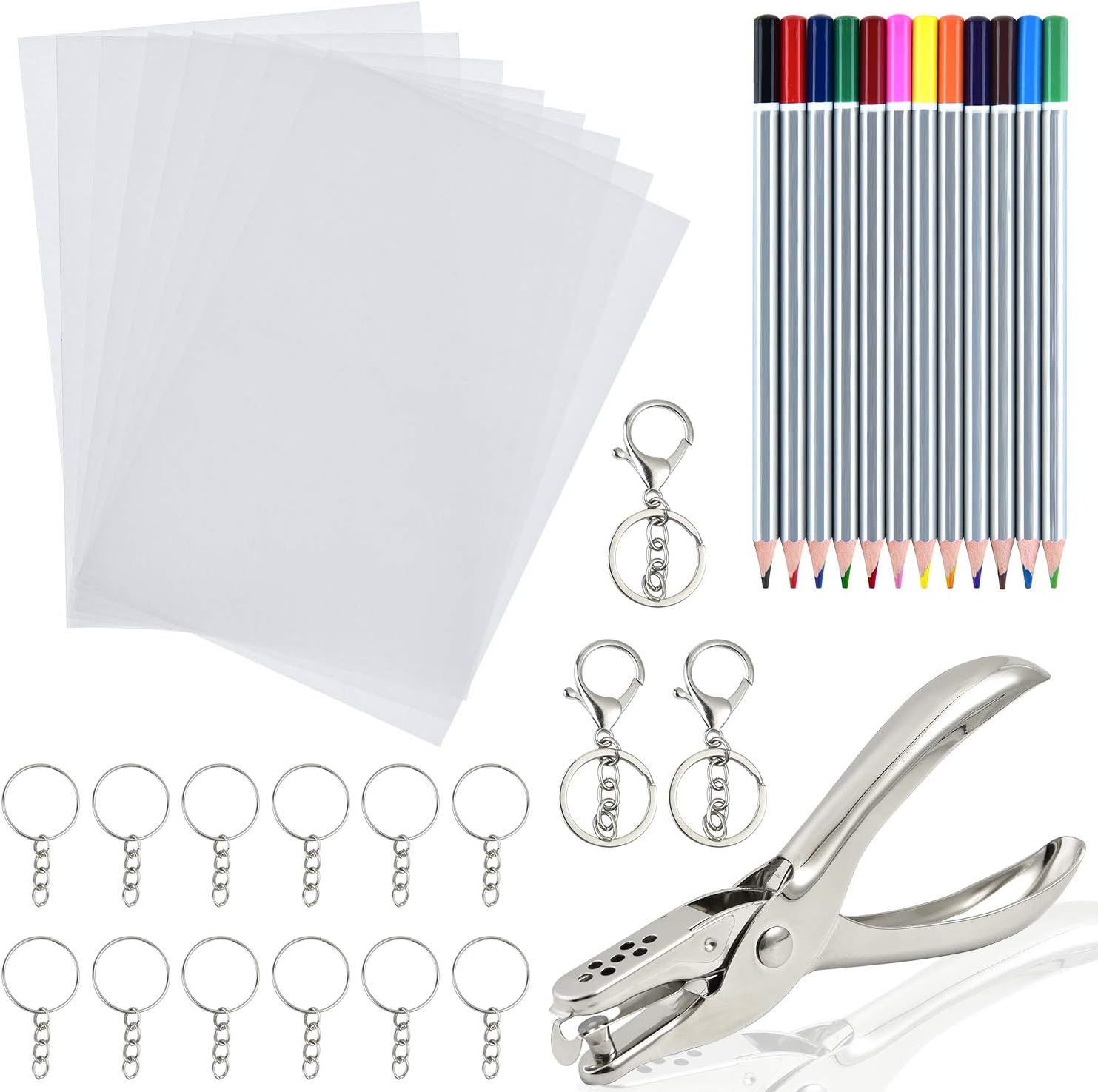 SAYAYA Heat Shrink Plastic Sheet Kit Include 8 PCS Shrink Art Paper, Hole Punch, Keychains, Pencils for Kids Creative Craft