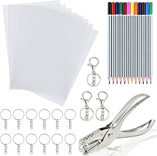 SAYAYA Heat Shrink Plastic Sheet Kit Include 8 PCS Shrink Art Paper, Hole Punch, Keychains, Pencils for Kids Creative Craft