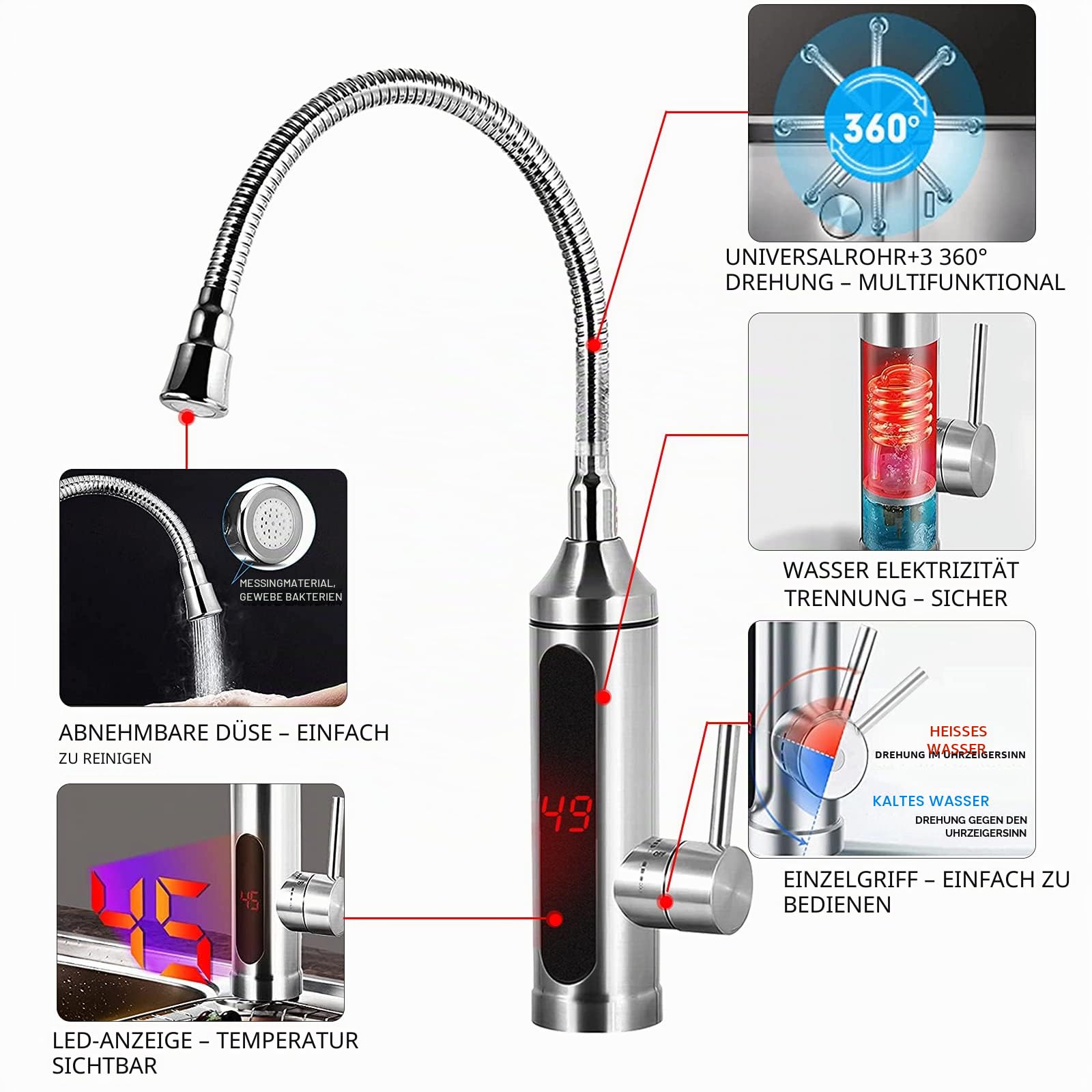 Elektrische Wasserhahn Edelstahl Armatur 3300W Sofortiger Warm KüChenarmatur Elektrischer Heizung Wasserhähnen, Mischbatterie mit Durchlauferhitzer-360° LED Temperaturanzeige Smart Heater Armatur