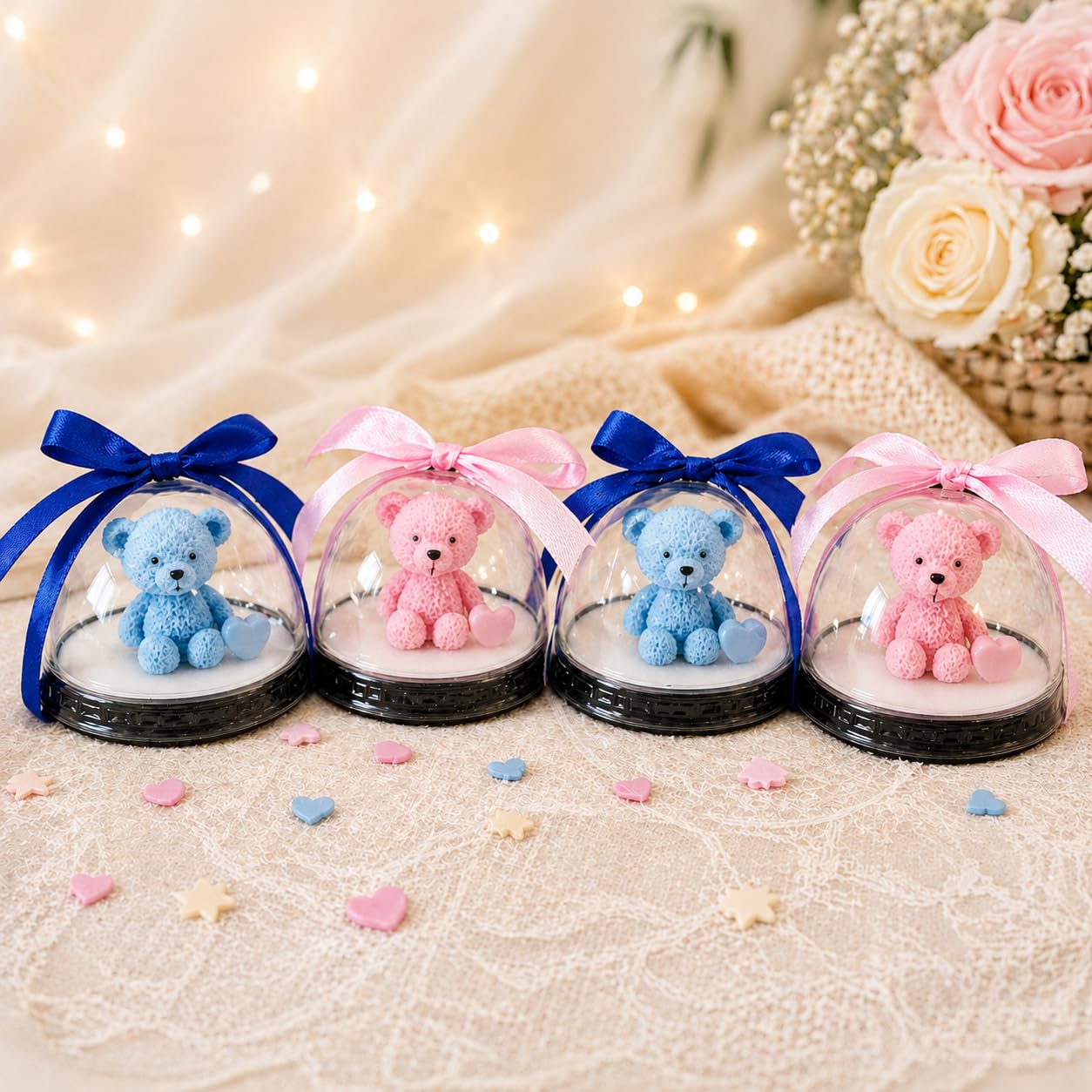 Pack of 4 Teddy Candles in Dome - Handmade Decorative Gift Sets for Baby Shower, Birthday, Wedding, Party & Home Decor (Blue & Pink)-image-44