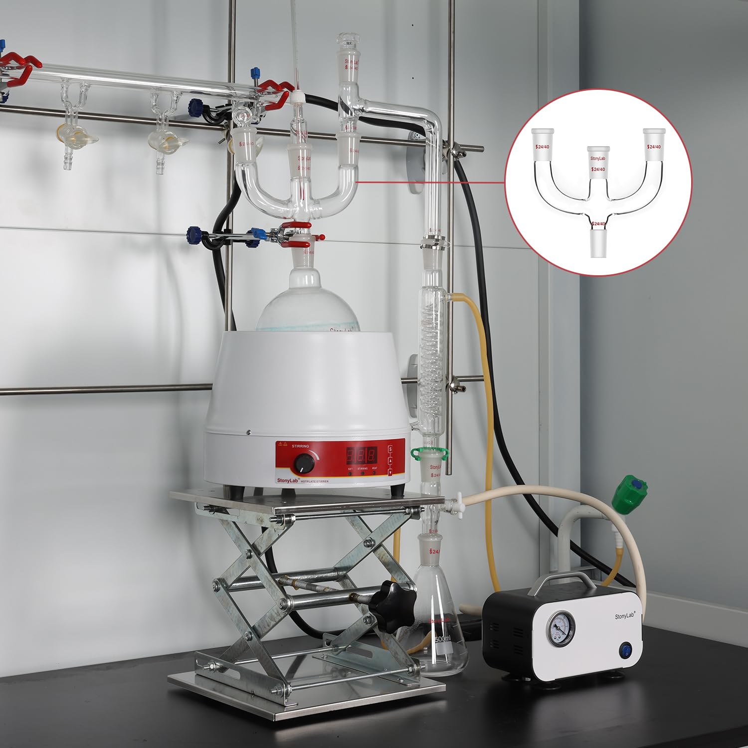 stonylab Adaptateur de Distillation Claisen à 4 Voies avec Joints 24/40 et Adaptateur de Raccordement pour Alimentation de Laboratoire