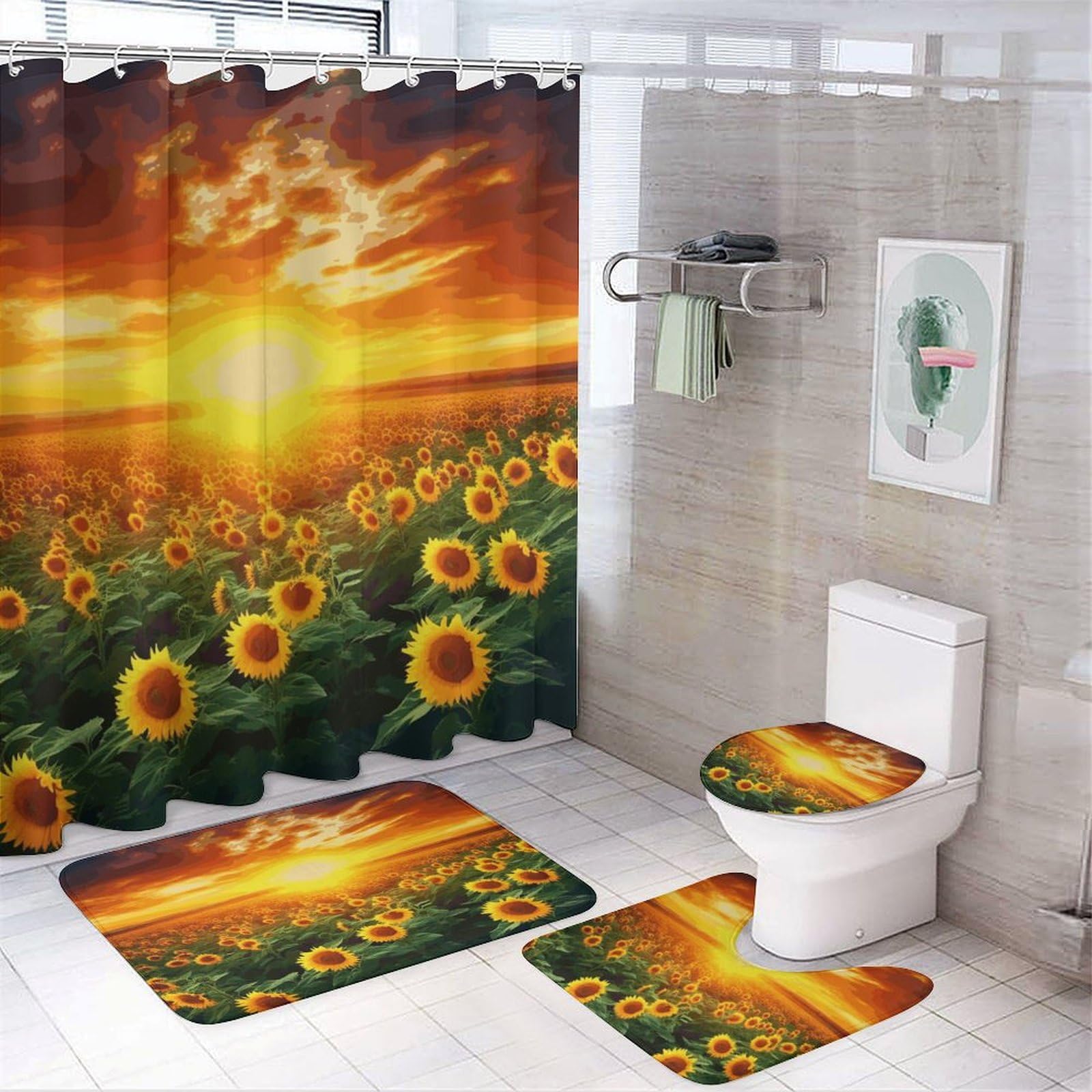 Rideau de douche motif tournesol en tissu de qualité supérieure avec ensemble tapis de bain