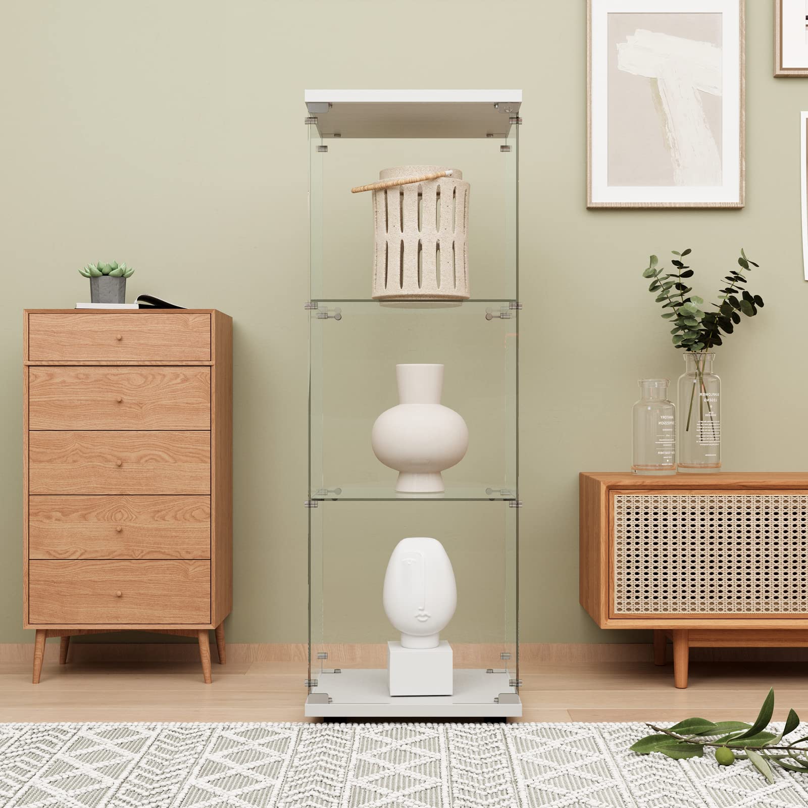 LFT HUIMEI2Y Glass Display Cabinet 3-Shelf with Door and Lock, Curio Cabinets Upgraded Quick-Install Style Tempered Glass Floor Standing Bookshelf for Bedroom, Living Room 49”x 17”x 14” White