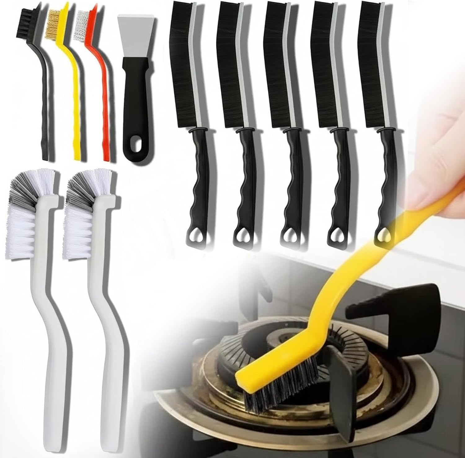 Kitchen Stove Cleaning Brush 11 Set- Range Hood Brush Set for Kitchen Counter and Home Surface Care,Rust,Grease