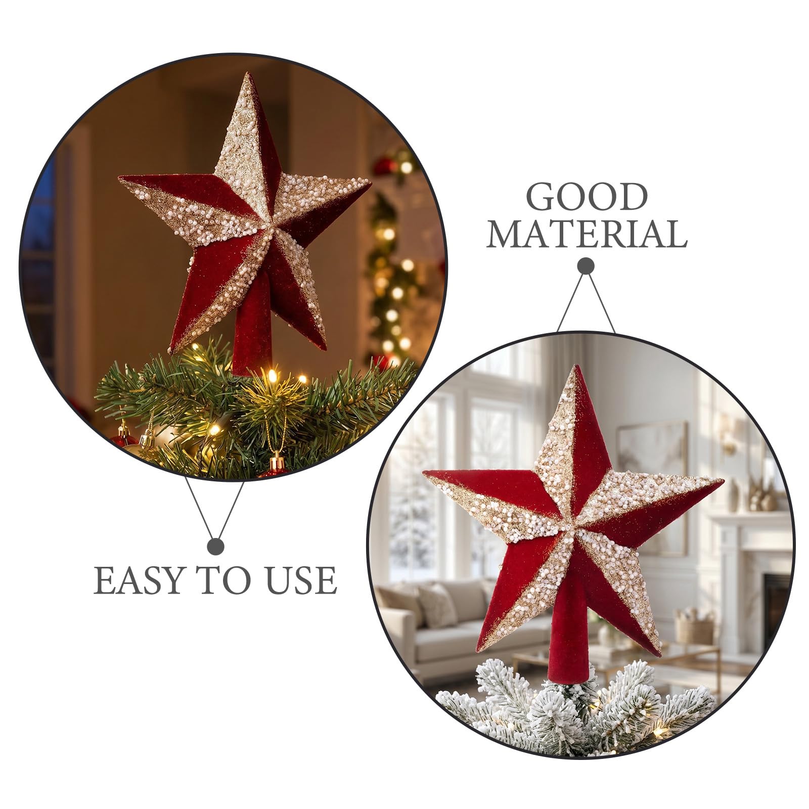 Étoile rouge pailletée pour cime de sapin de Noël, 19,5 cm avec détails | PS Plastique et finition floquée Douille de montage 2 cm pour sapin de Noël, fêtes, maisons et présentations saisonnières