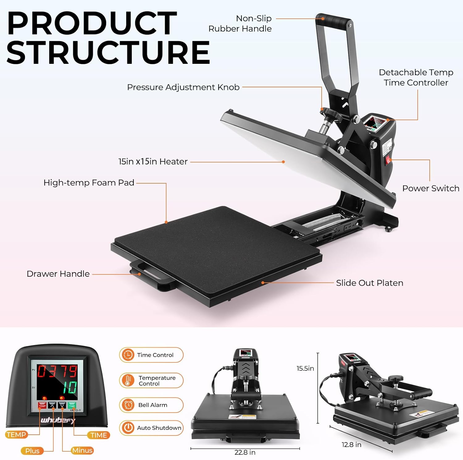 Whubefy Heat Press Machine 15x15 with Fully Slide Out Drawer, 1200W Heat Press Machine for T Shirts Printer, Heat up Fast&Even, Sublimation Shirt Press Machine for Mouse Pad, Pillow, Coaster, Puzzles