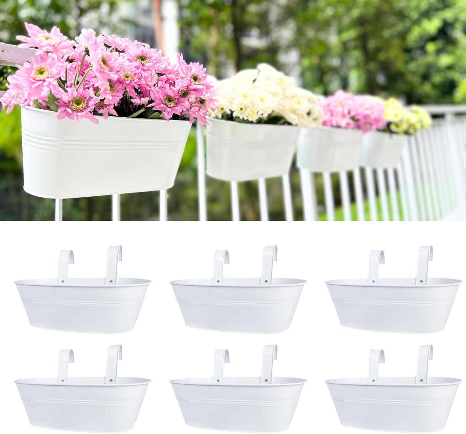 LaLaGreen Planter Boxes for Outdoor (6 Pack, 17 Inch) White Metal Deck Railing Hanging Flower Pots, Large Window Box Plant Holder Hooks Fence Rail Buckets Modern Herb Boho Style Wall Mount Porch Decor
