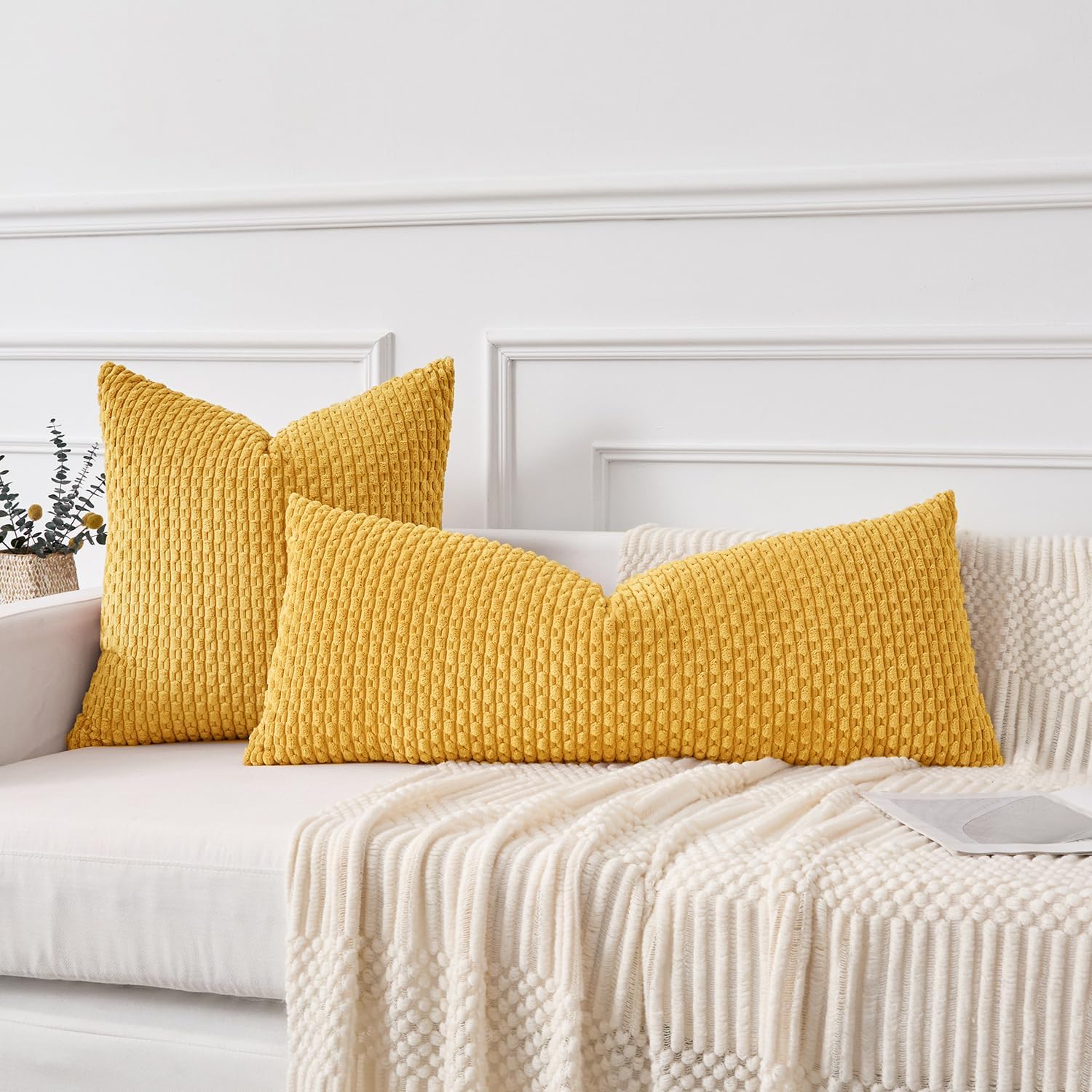 Kevin Textile 20x54 Inch Long Body Lumbar 1 Pack Boho Decorative Throw Pillow Cover Soft Striped Corduroy Rectangle Cushion Case Farmhouse Accent for Living Room Couch Sofa Bed, Mustard Yellow