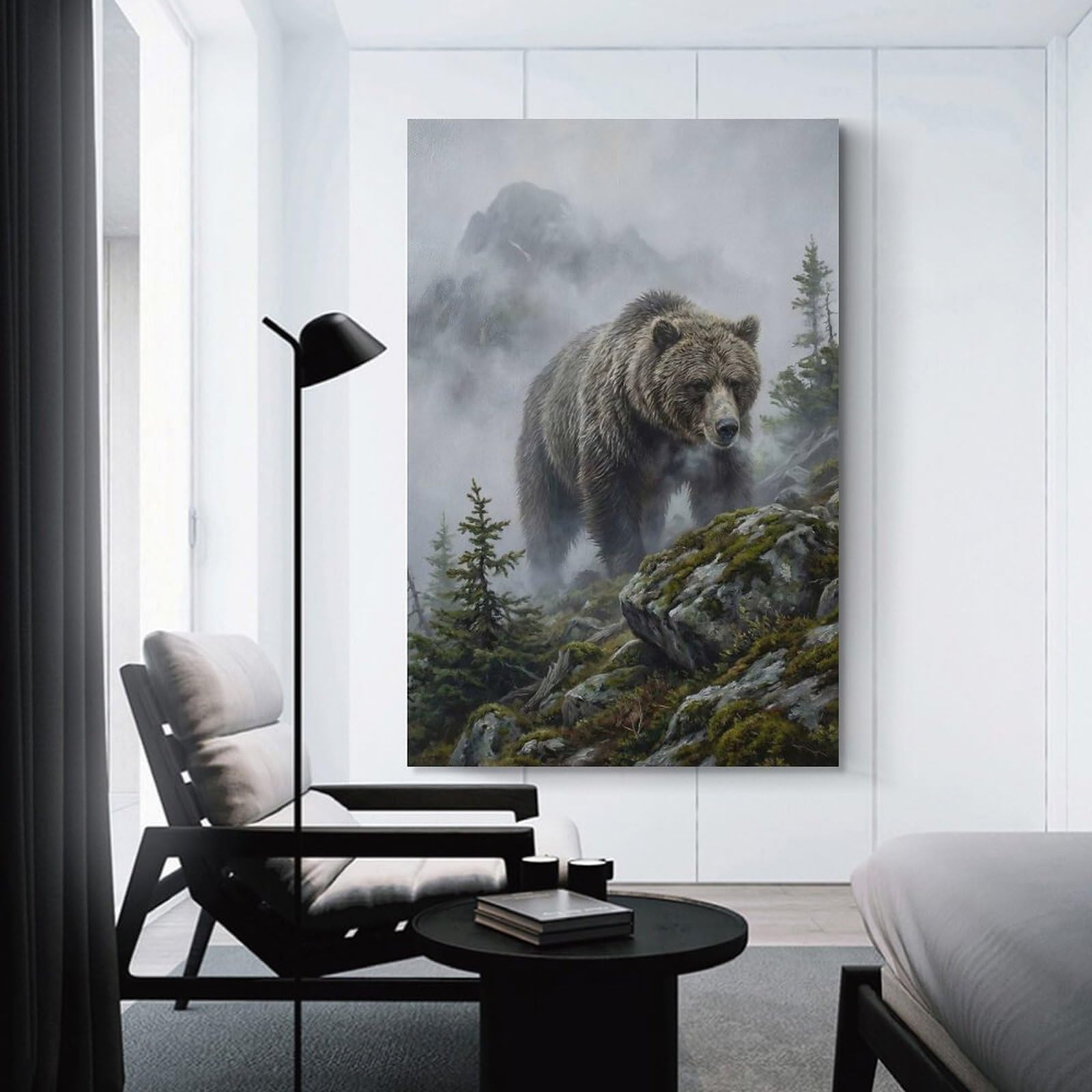 Junmoney Grizzly Bear in Misty Mountain Landscape Home Decor Wall Art, 12x18inch(30x45cm), for Lounge, Bedroom Or Personal Spaces, Gift Idea for Housewarming And Birthdays