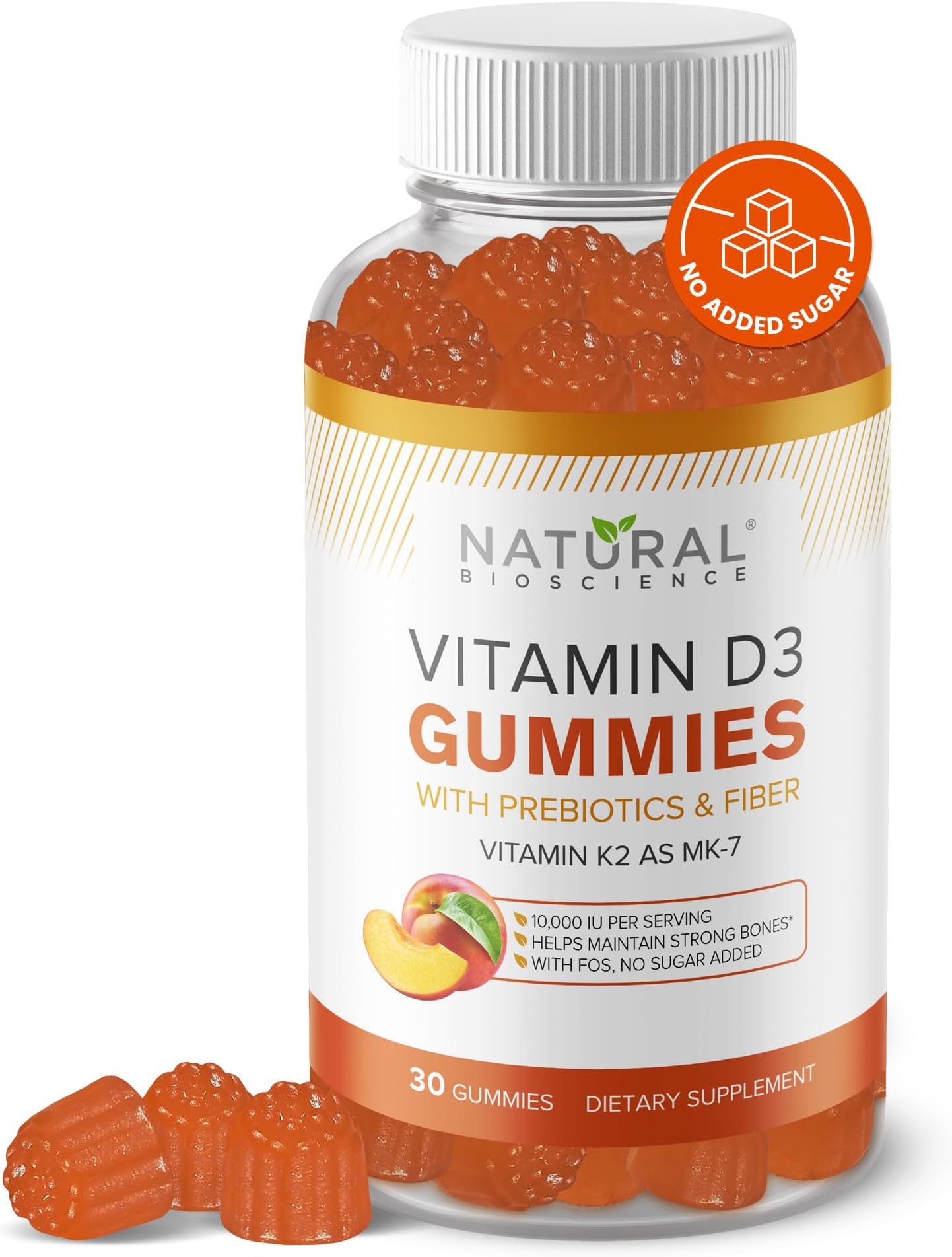 Vitamin D3 10000 IU & Vitamin K2 Gummies - Extra Strength, Sugar-Free, High Absorption - Bone, Joint, Immune, Heart, Brain & Mood Support - Non-GMO, Gluten-Free, Fiber-Based with Prebiotics, 30 Count