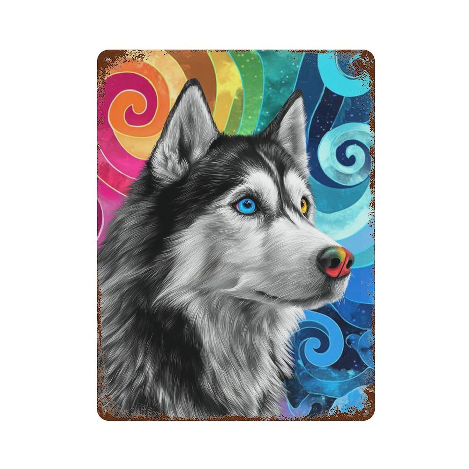 Rust Effect Colorful Husky Art Print-1 Distressed Metal Wall Sign 15.7"x11.8", Shabby Chic Decor for Pub, Kitchen And Man Cave Decor