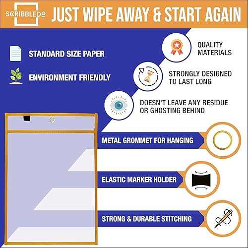 Vista 12 de SCRIBBLEDO Paquete de 50 soportes para boletos de trabajo, 9 x 12 pulgadas, fundas de plástico negras de borrado en seco, protectores de hojas