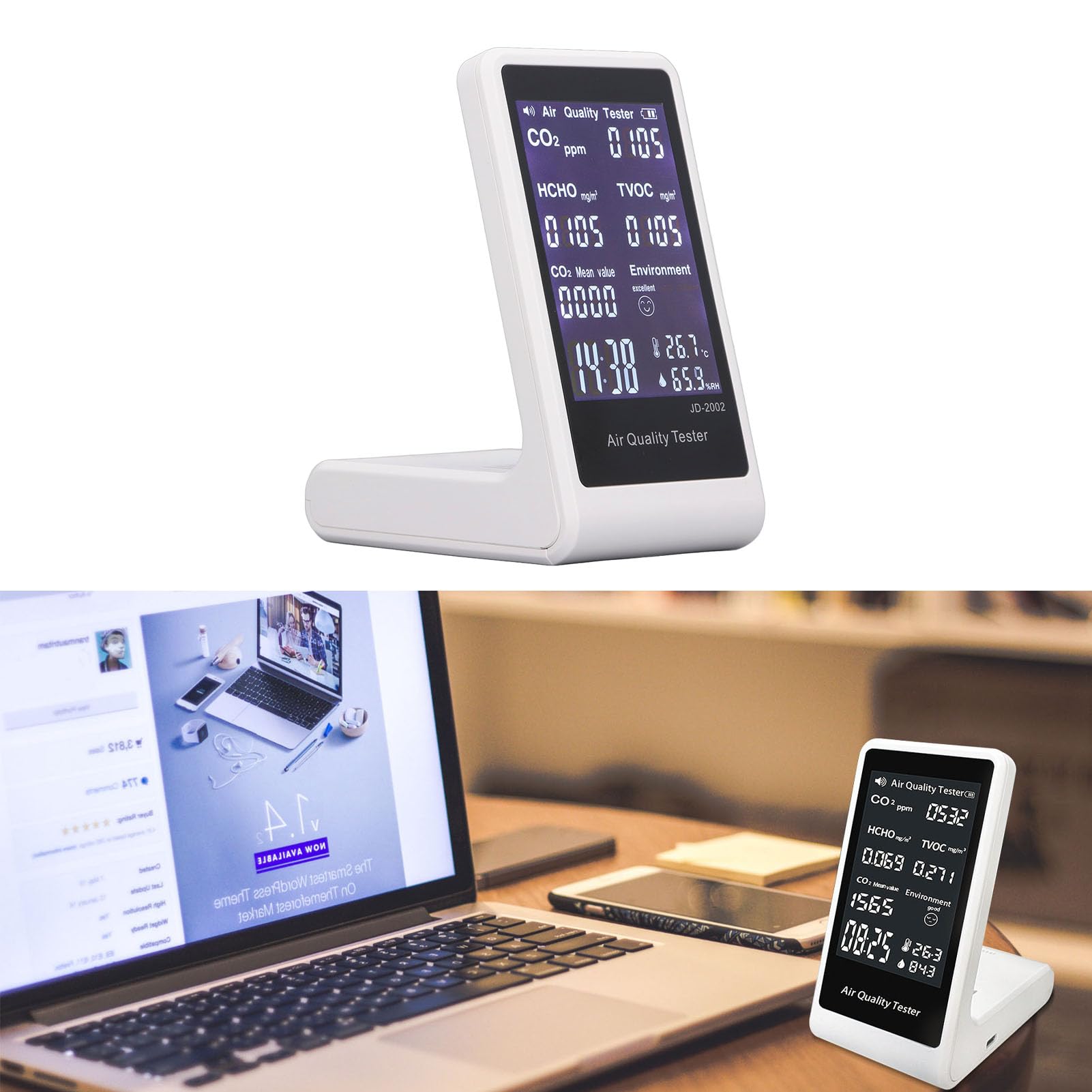 Eujgoov Medidor de CO2 Detector de Calidad del Aire Detector de CO2 7 en 1 Prueba en Tiempo Real con TVOC HCHO Alarma de Temperatura y Humedad de 400 a 2000 Ppm para Uso en Interiores y Oficinas en