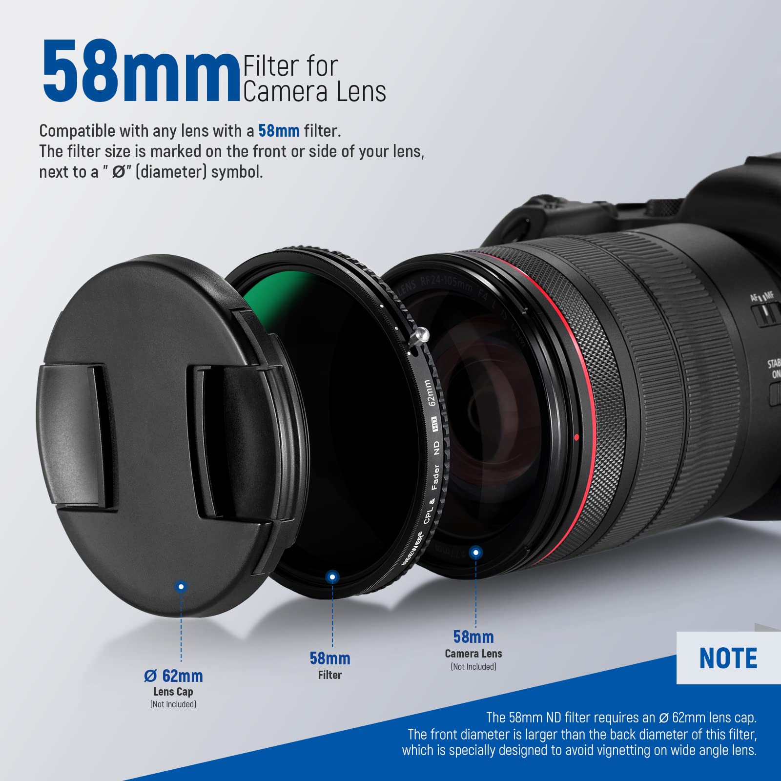 NEEWER 2 in 1 Filtro ND Variabile 58mm ND2-ND32 e CPL(Polarizzatore), senza X/Vetro Ottico HD/multistrato/ultra sottile/idrorepellente/resistente ai graffi