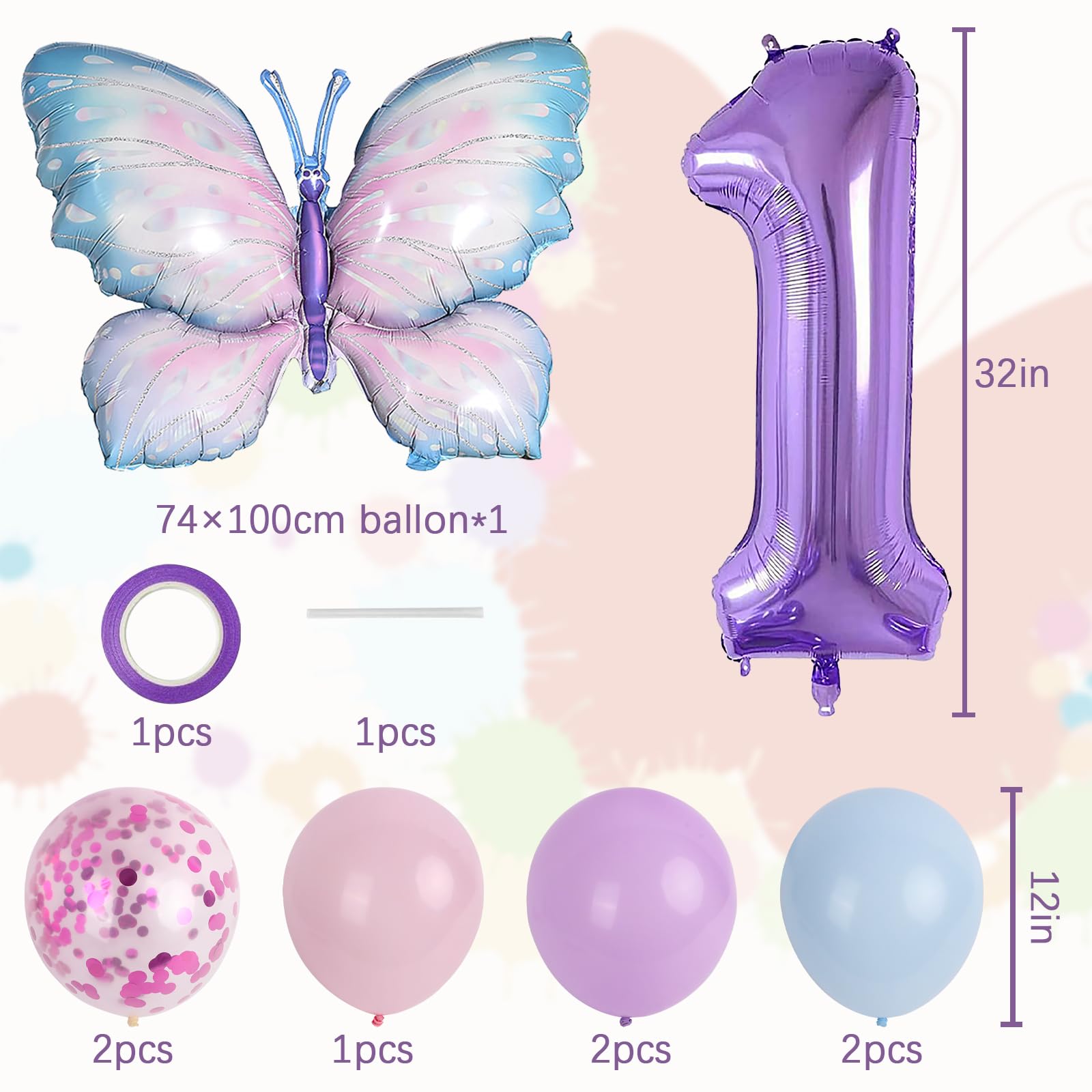 Lila Schmetterling Geburtstagsdeko Set Für Mädchen - Inkl. Zahl 1 Ballon, Folienballons & Herzballons Für Babyparty & 1. Geburtstag