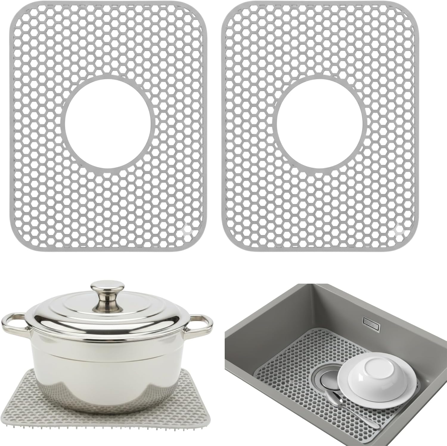 Jaycube Silicone Sink Protector Mat, Center Drain - 13.5'x11.25' Food Grade, 500°F Heat Resistant Faucet Draining Mat for Bottom Sink - Cushioned, Raised Feet, Non-Slip Kitchen Sink Protectors, 2-pc