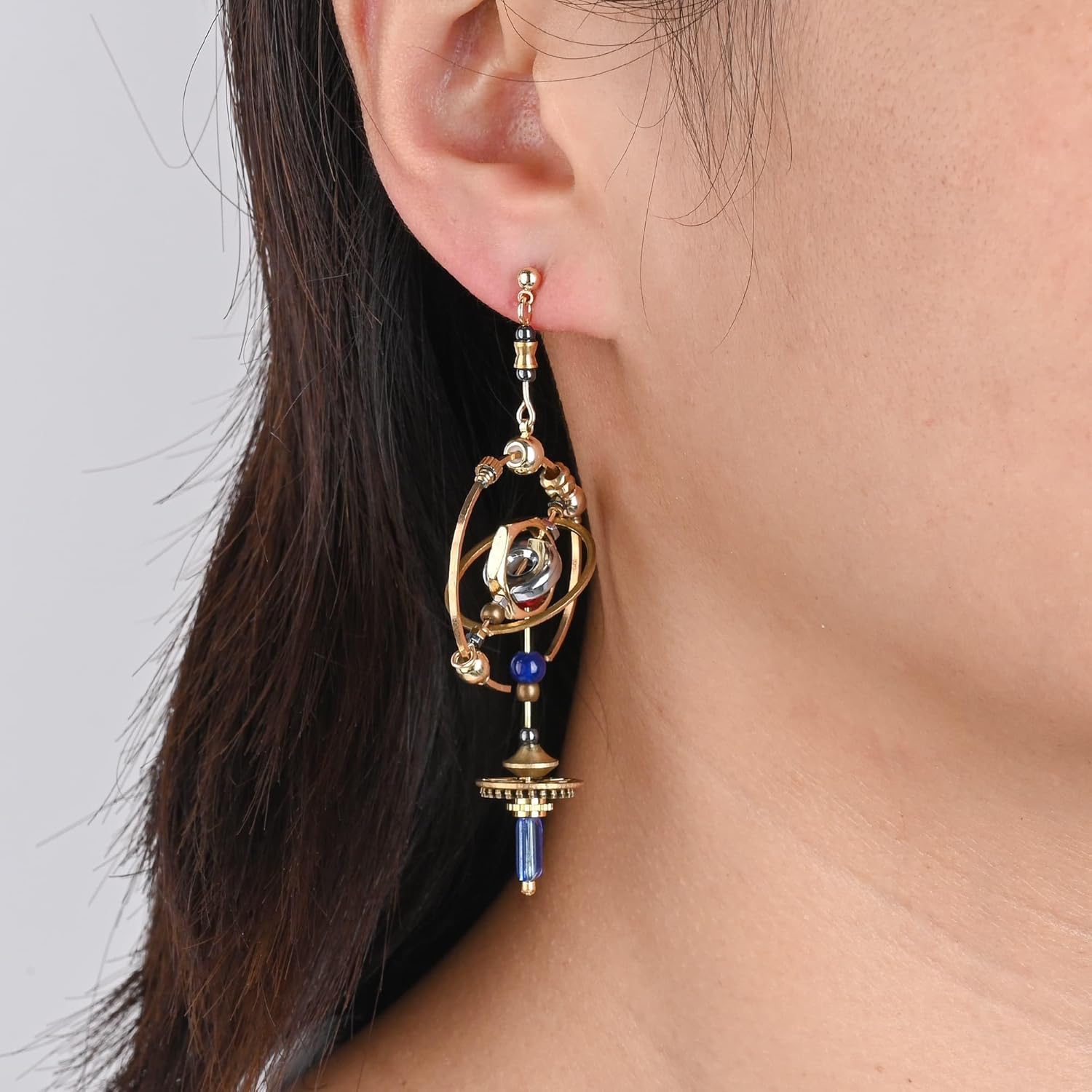 Celestial Statement Earrings, 3D Design Orbital Dangle Jewelry, Gold and Blue Two-Tone, Metallic Geometric Sphere Design Drop Dangle Earrings for Women