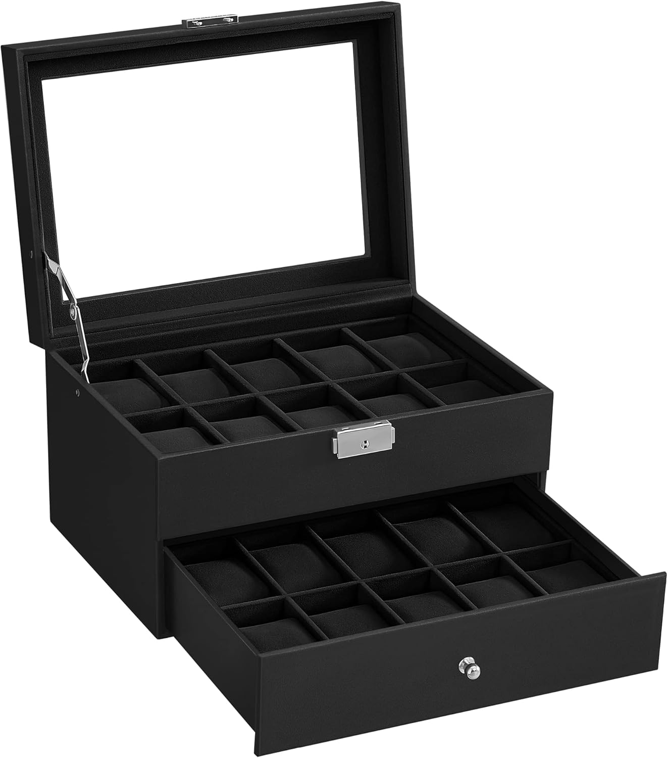 SONGMICS Watch Box, Watch Case with Glass Lid, 2Tier Watch Display