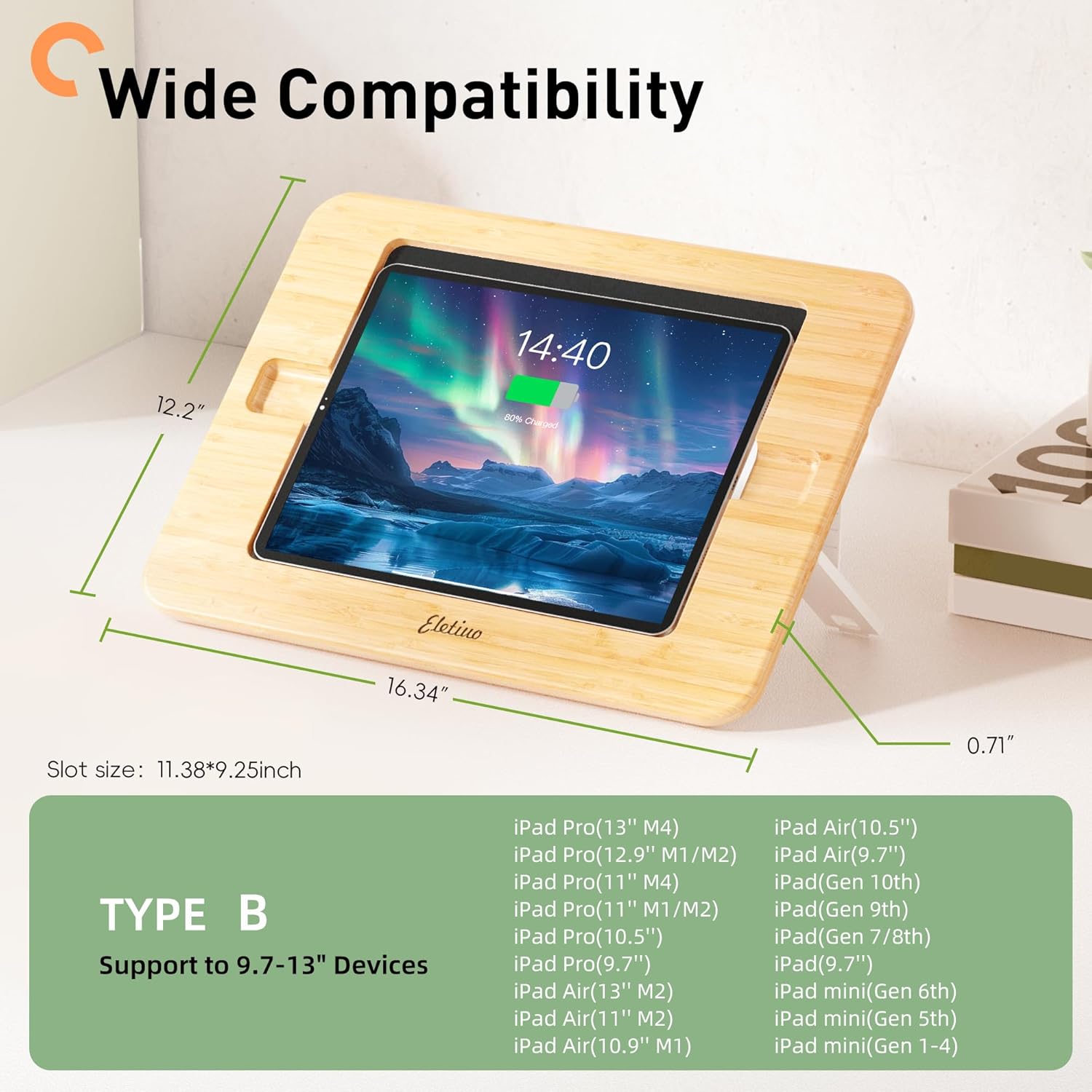 ELETIUO Bamboo Tablet Stand with Pencil Wireless Charging for 9.7"-13" Devices,Multi-Angle Adjustable Stand for Drawing,Compatible with iPad Air/Mini & iPad Pro 10.5/11/12.9/13inch