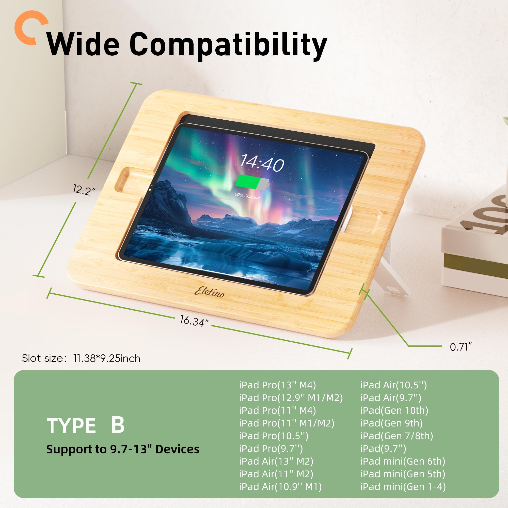 ELETIUO Support de tablette en bambou avec crayon de chargement sans fil pour appareils de 9,7 à 13", support réglable multi-angle pour dessin, compatible avec iPad Air/Mini et iPad Pro 10,5/11/12,9
