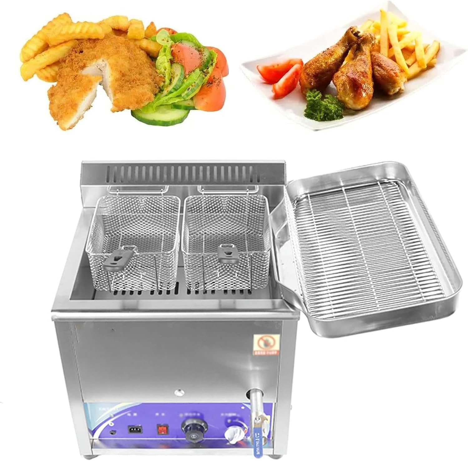 Deep Fat Fryer, Stainless Steel LPG Fryer, Stainless Steel Fat Fryer with Removable Basket, Manual Adjustment Temperature for Commercial Restaurant Home Kitchen Equipment, with Lid,style3