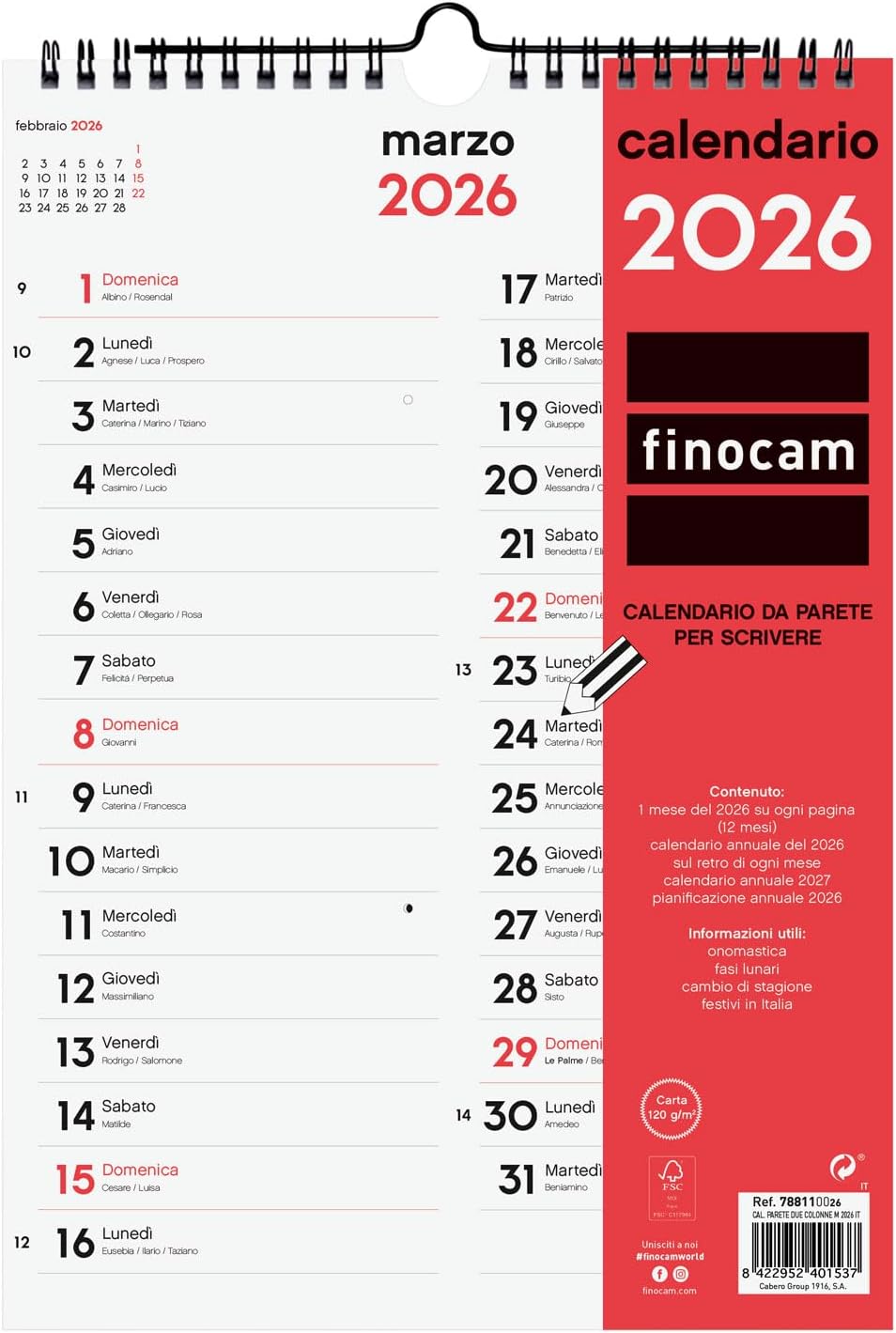 Finocam - Wall Calendar 2026 for Writing Two Columns Monthly Layout January - December 2026 (12 Months) | Calendar 2026 for Notes | Neutral Monthly Planner - Italian