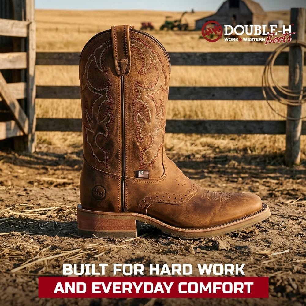 DOUBLE-H 11" Jase Square Toe Western Boots for Men - Texon Insole | Cork Inlay, Oil- and Slip-Resistant I.c.e. Outsole, EH-Rated, Shock-Absorbing Midnight Insert