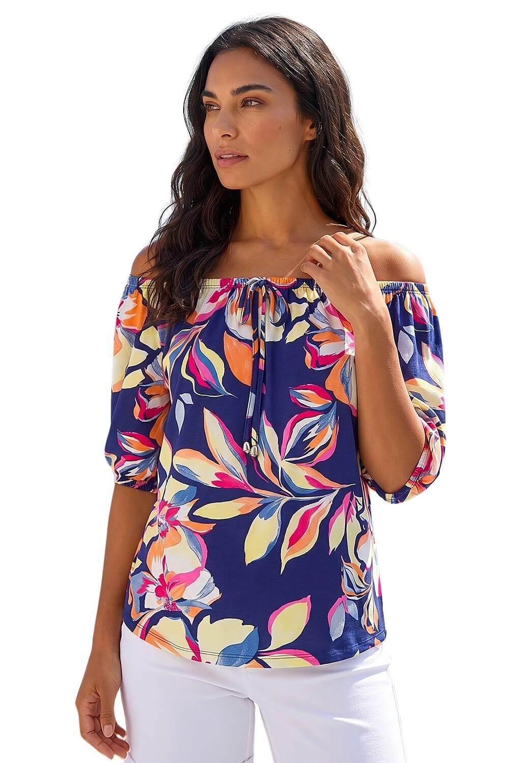 Roman Floral Print Bardot Stretch Top, Navy, Size 12, Women