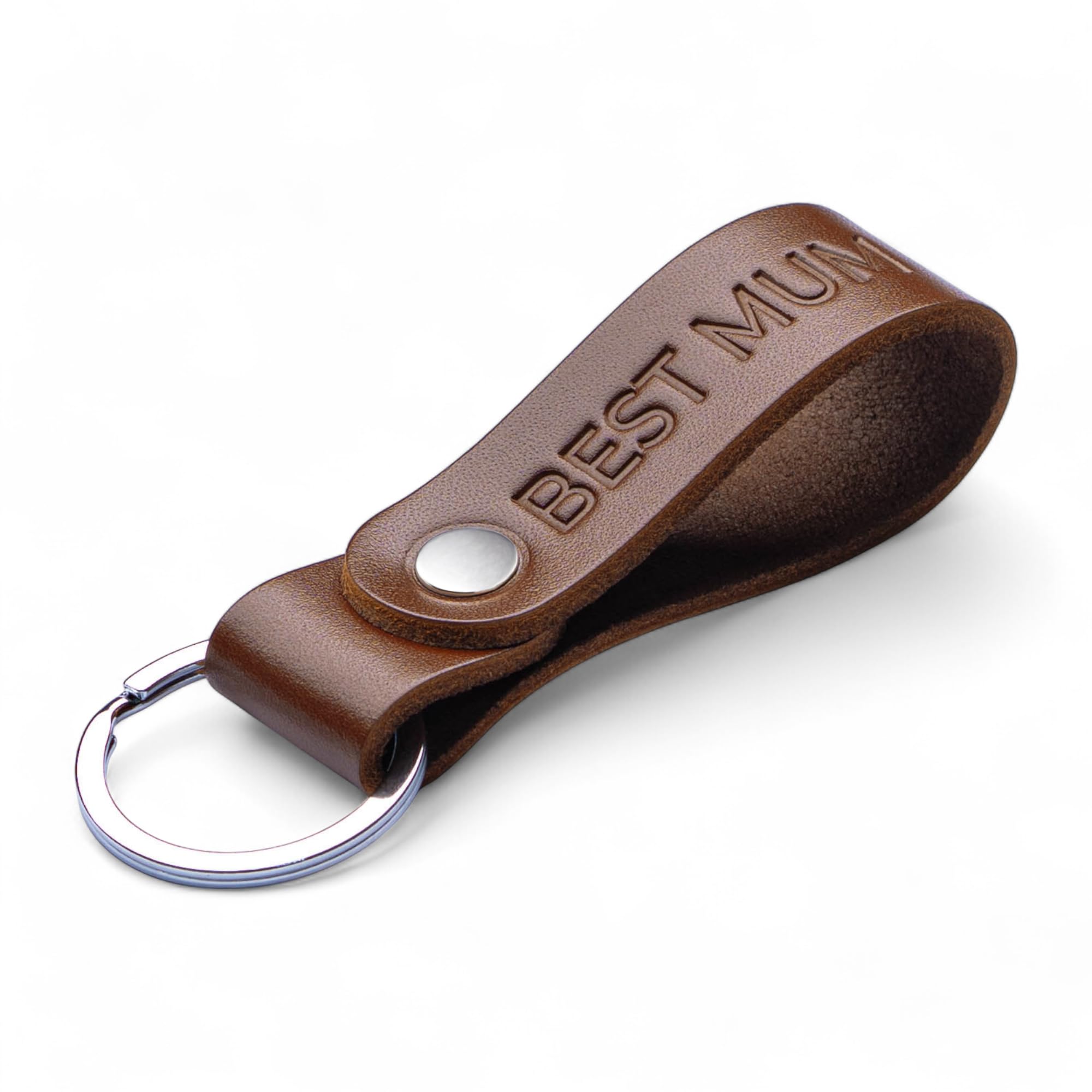 MAGOR Handmade Full Grain Leather Keyring Personalised Keychain for Men Women Car Keys Gift for Him Her Dad Husband Premium Hot Embossed Brown Leather Loop in Gift Box (BEST MUM)